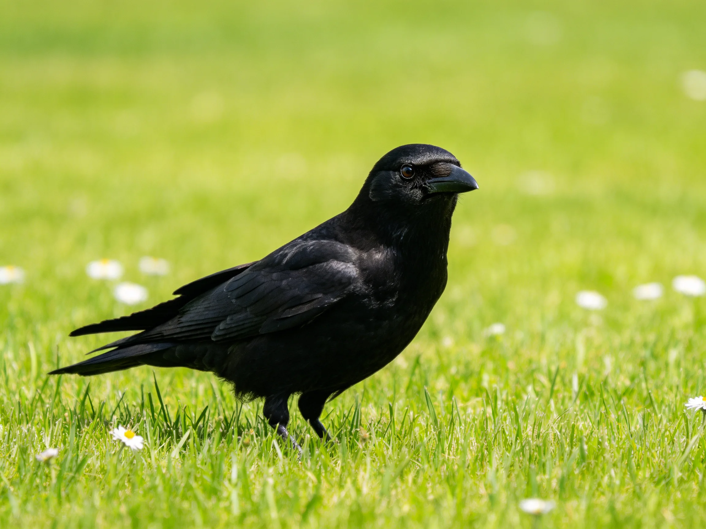 A black crow stands on lush green grass with small white flowers