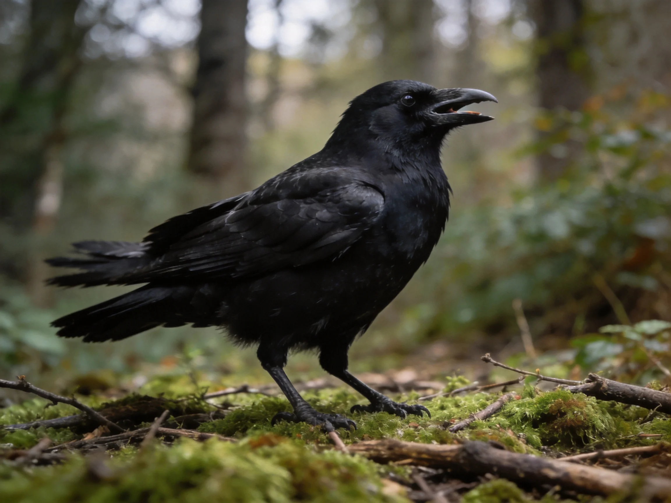 A black crow stands on mossy forest floor among blurred trees