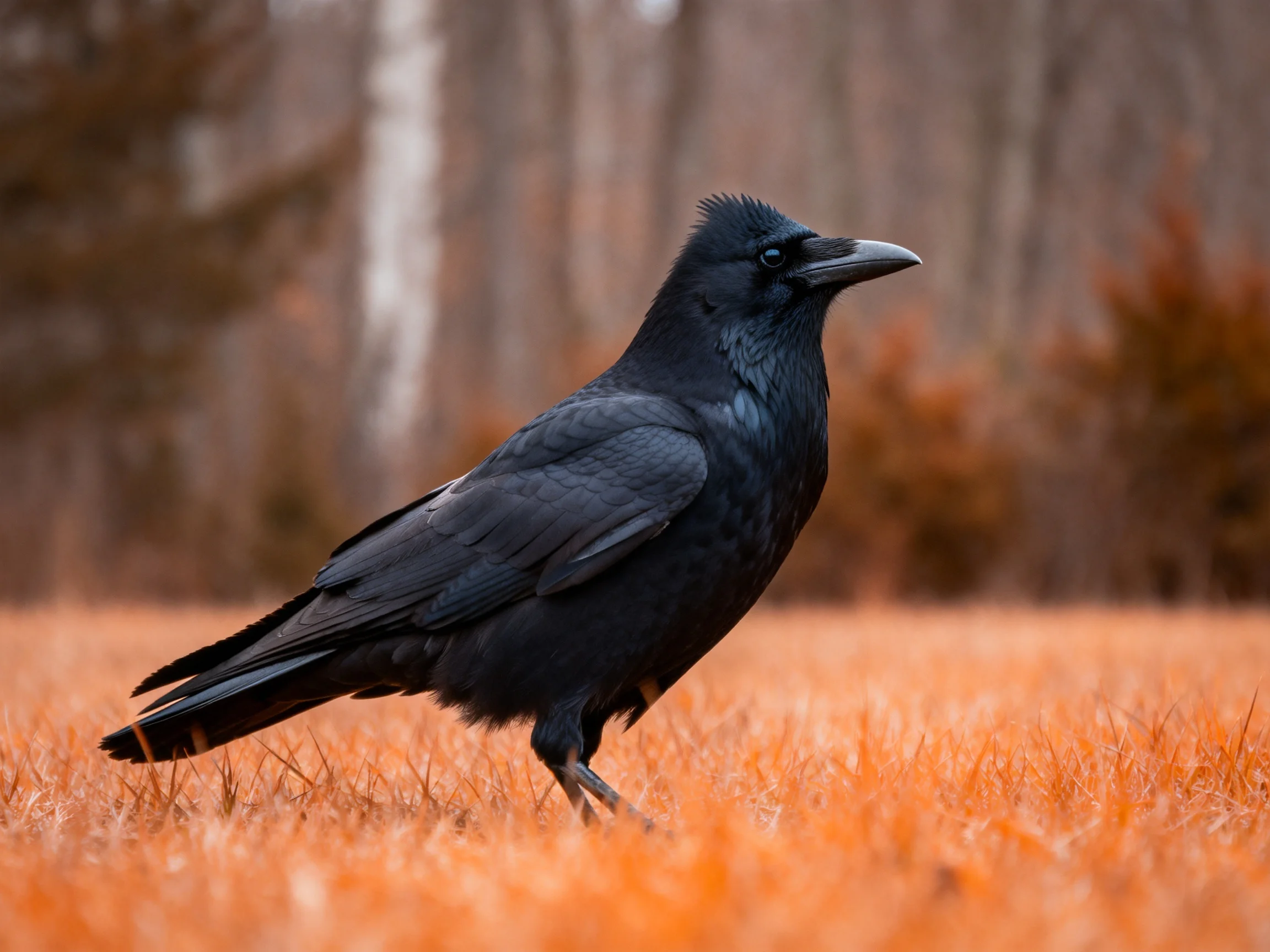 A black crow stands on orange grass near a wooded area