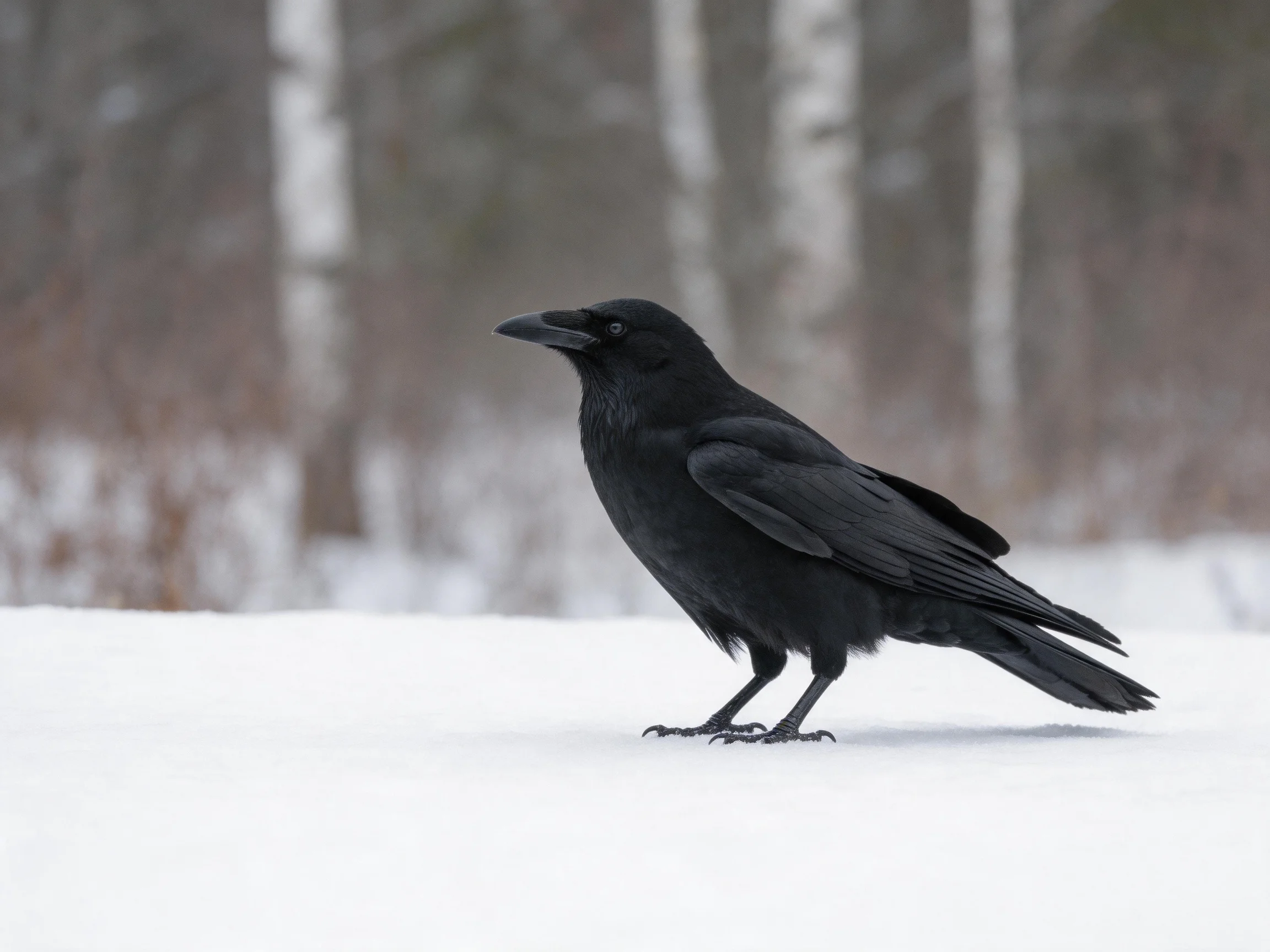 A black crow stands on snow near forested trees
