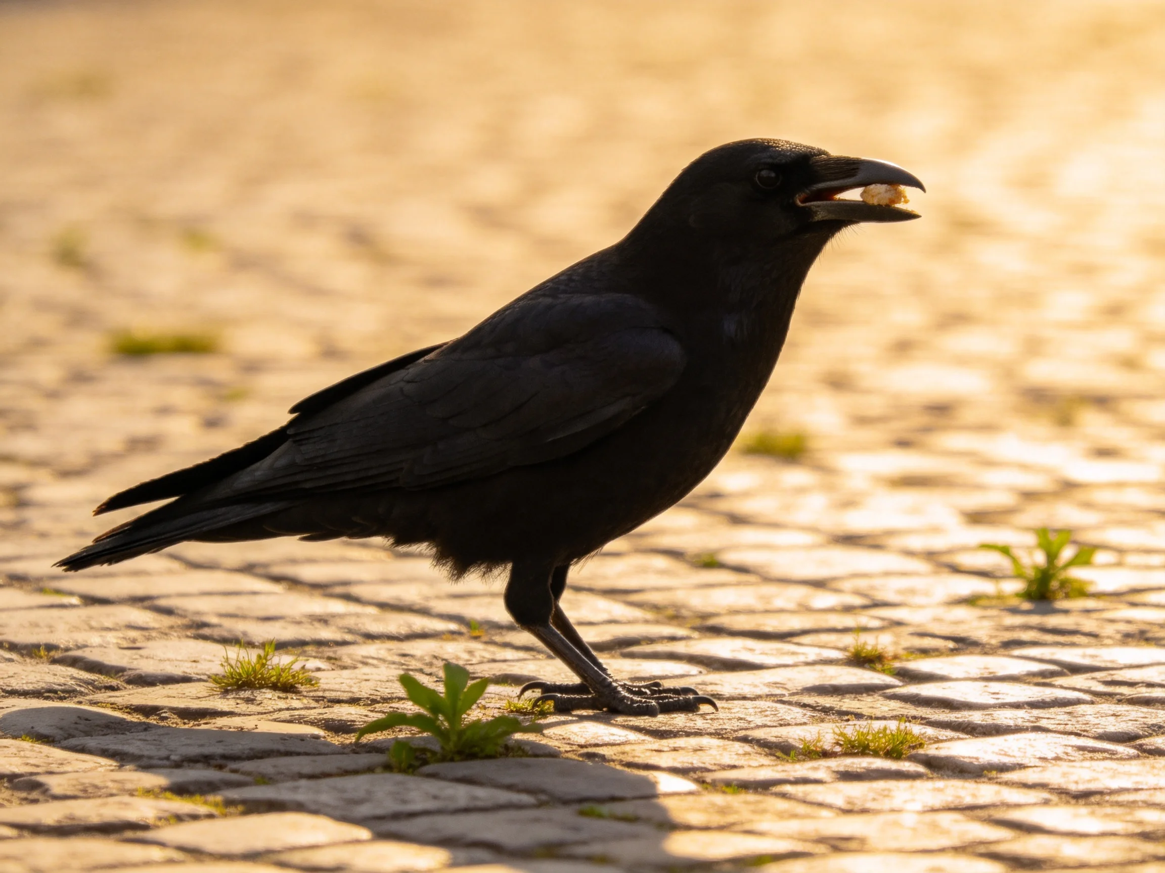 A black crow stands on sunlit cobblestones near small plants