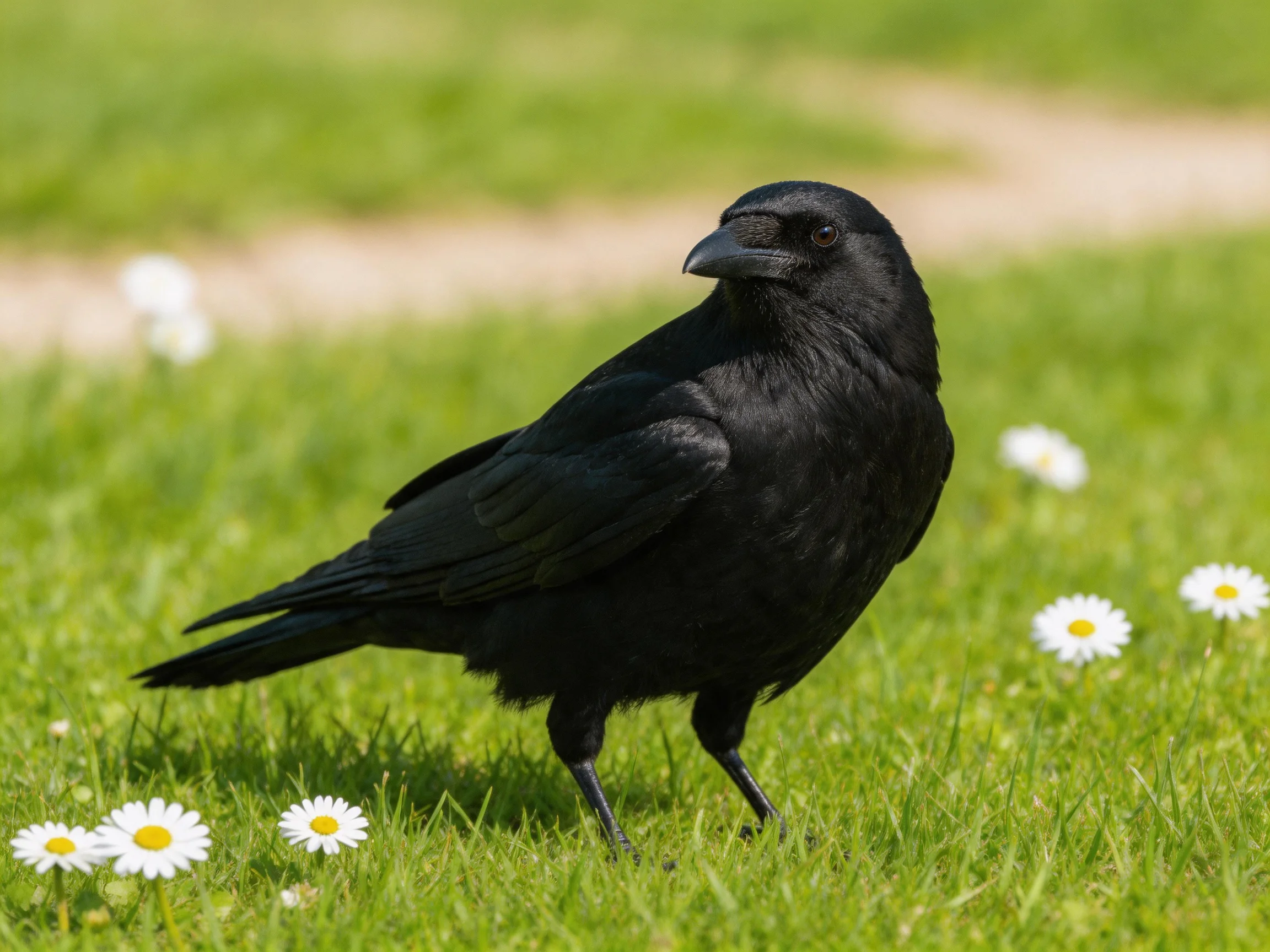 A black crow stands on vibrant green grass surrounded by white daisies