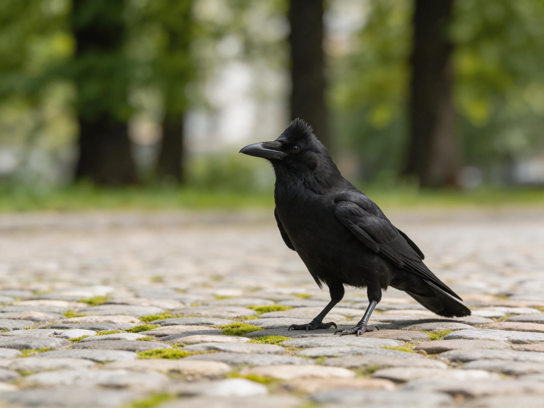 A black crow walks on a mossy cobblestone path near tall trees