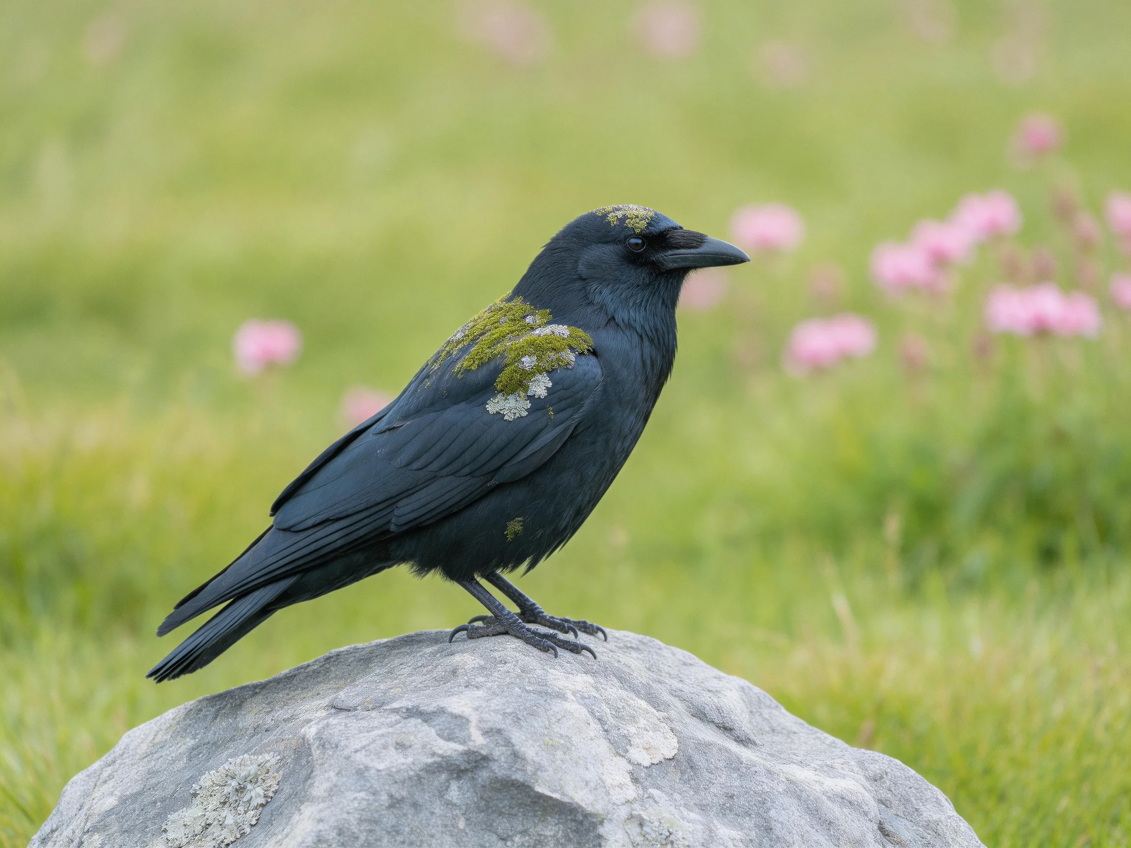 A black crow with moss perches on a gray rock amid greenery and pink blooms