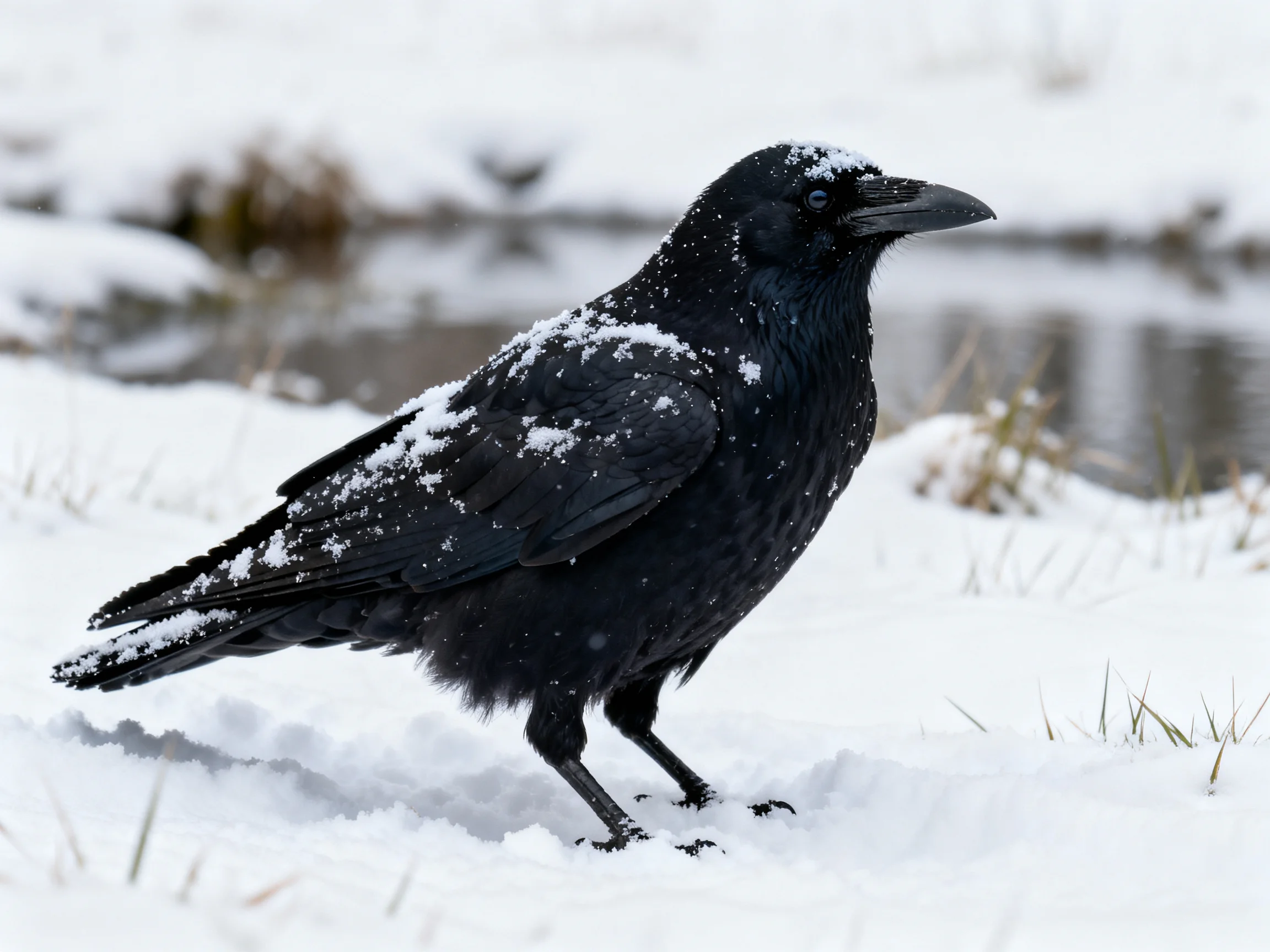 A black crow with snow-dusted feathers in a wintry field