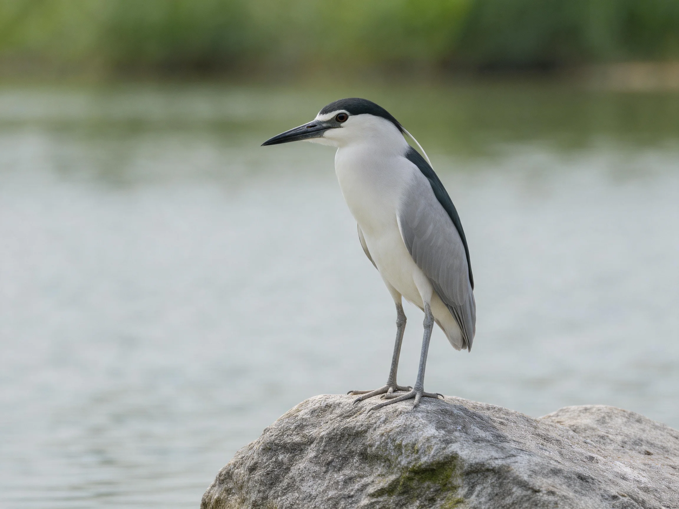 A black-crowned heron perched on a gray rock by calm water