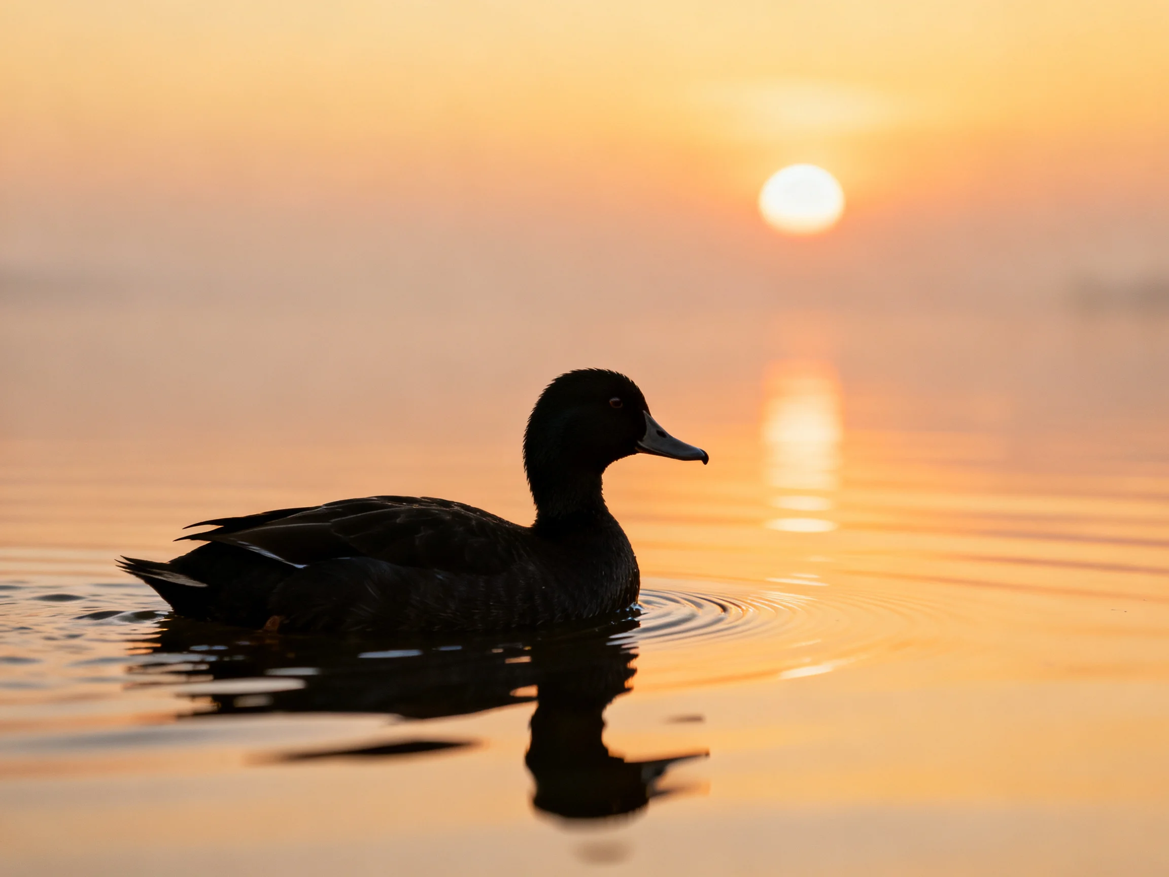 A black duck glides on calm water during golden sunset