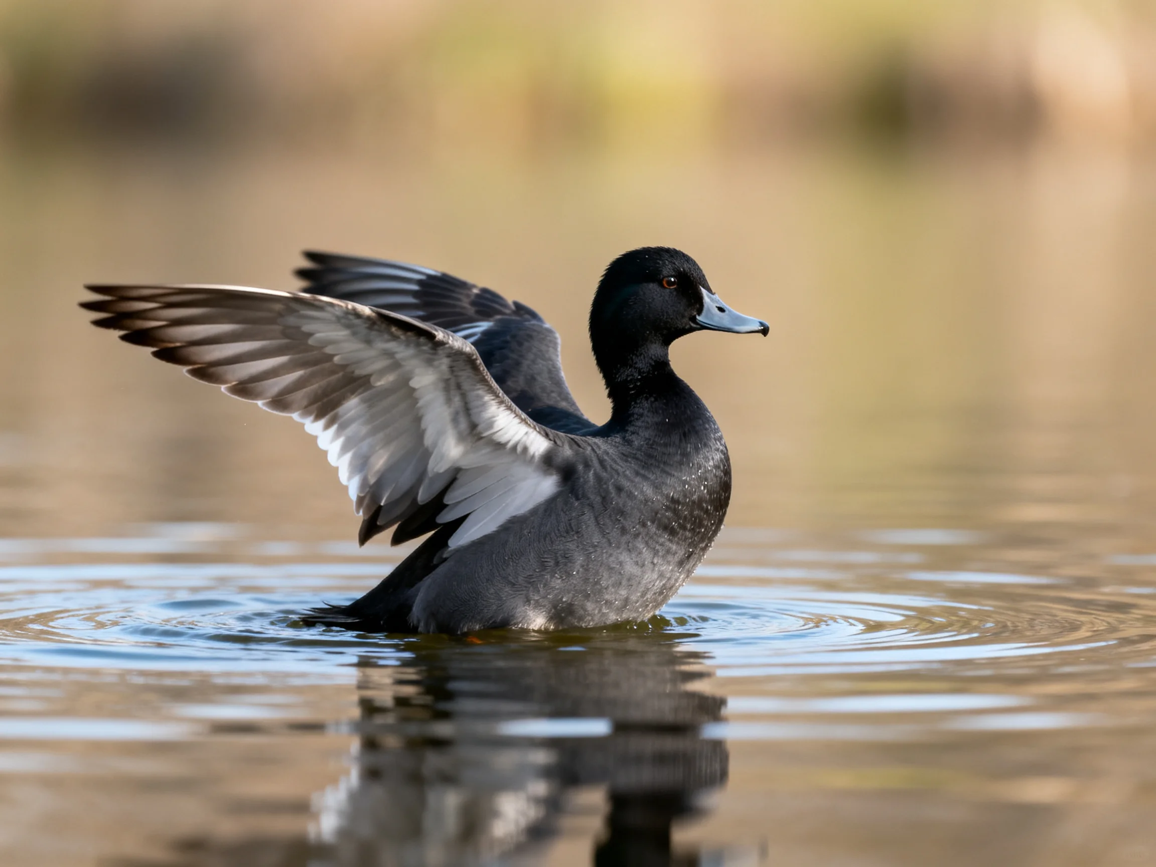 A black duck spreading wings in calm water