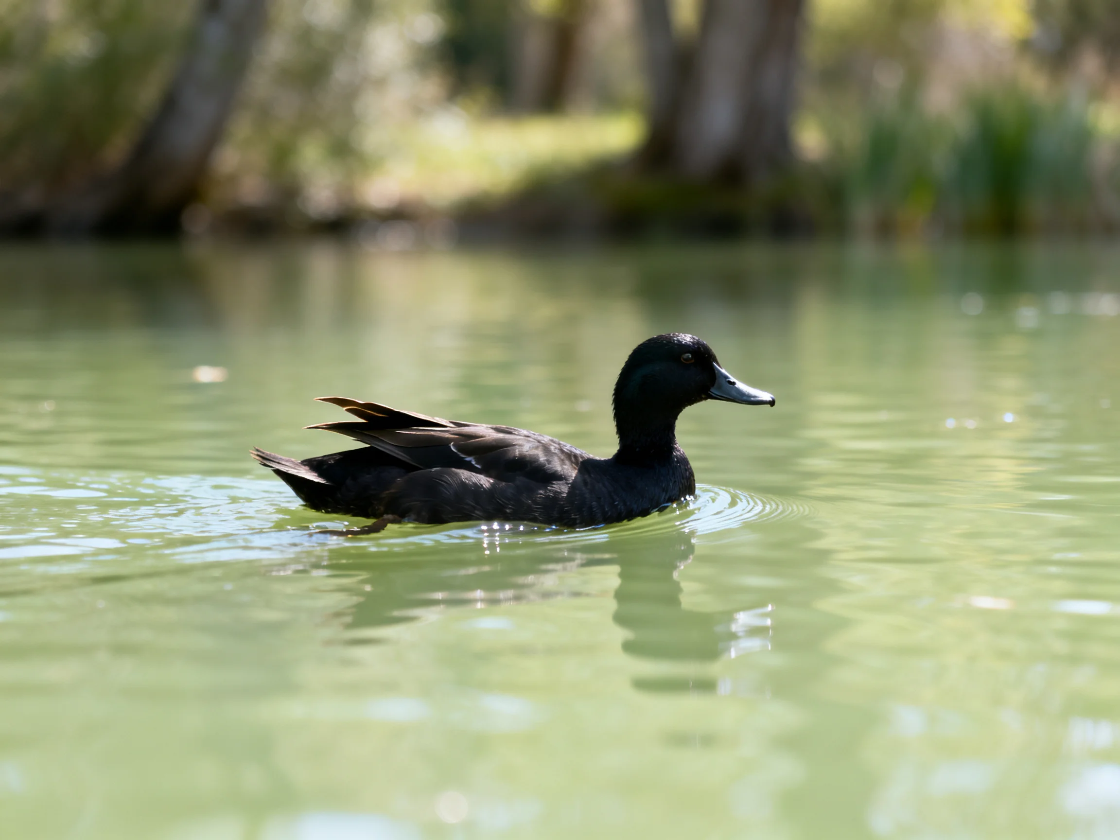 A black duck swims in calm greenish water near trees