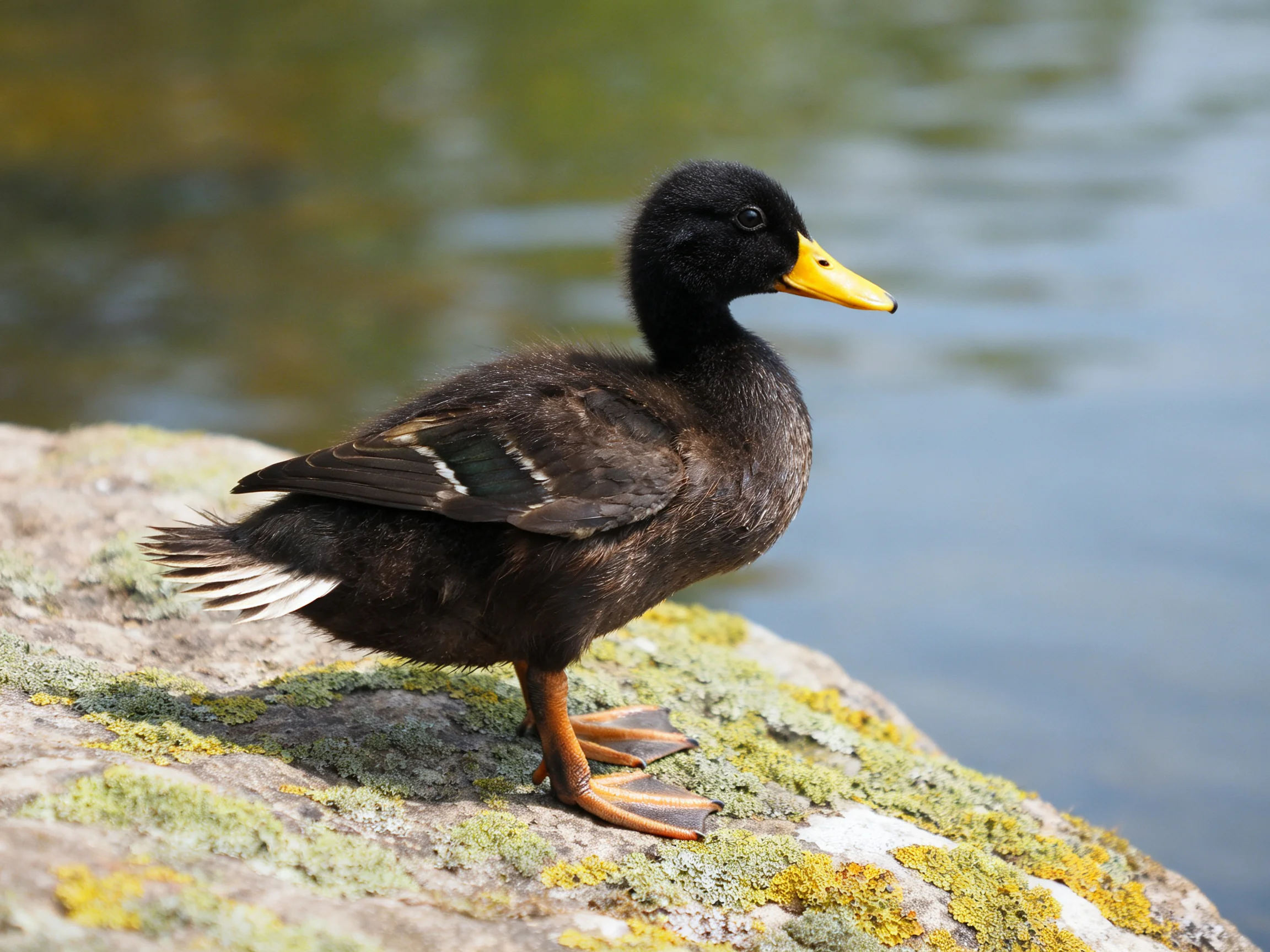 A black duckling with yellow beak perched on a lichen-covered rock by calm water