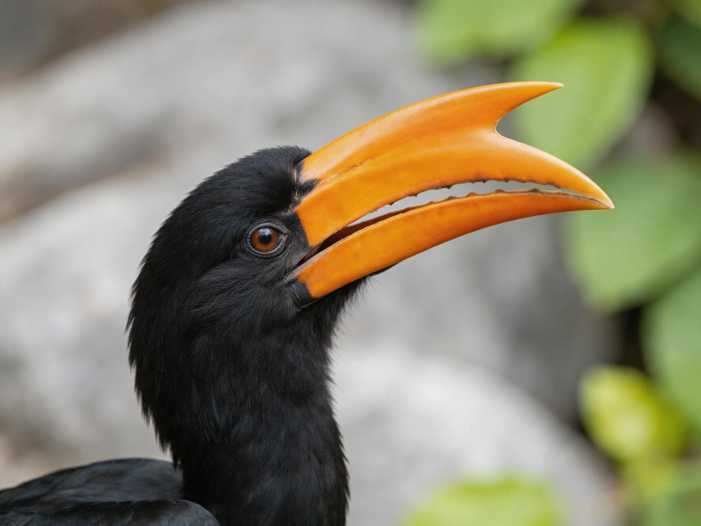 A black-feathered bird with a vibrant orange beak