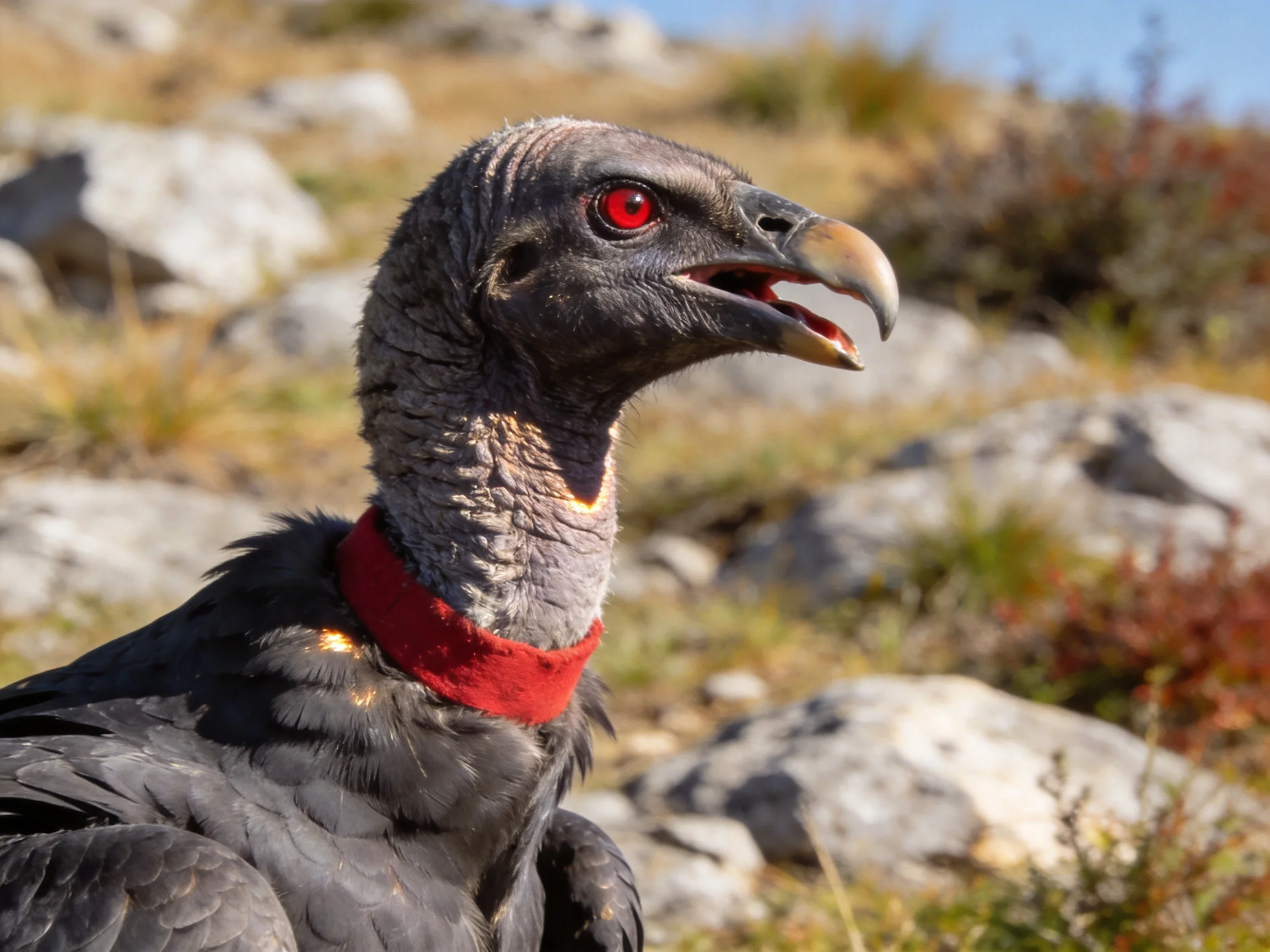 A condor wearing a red collar is near rocky areas.