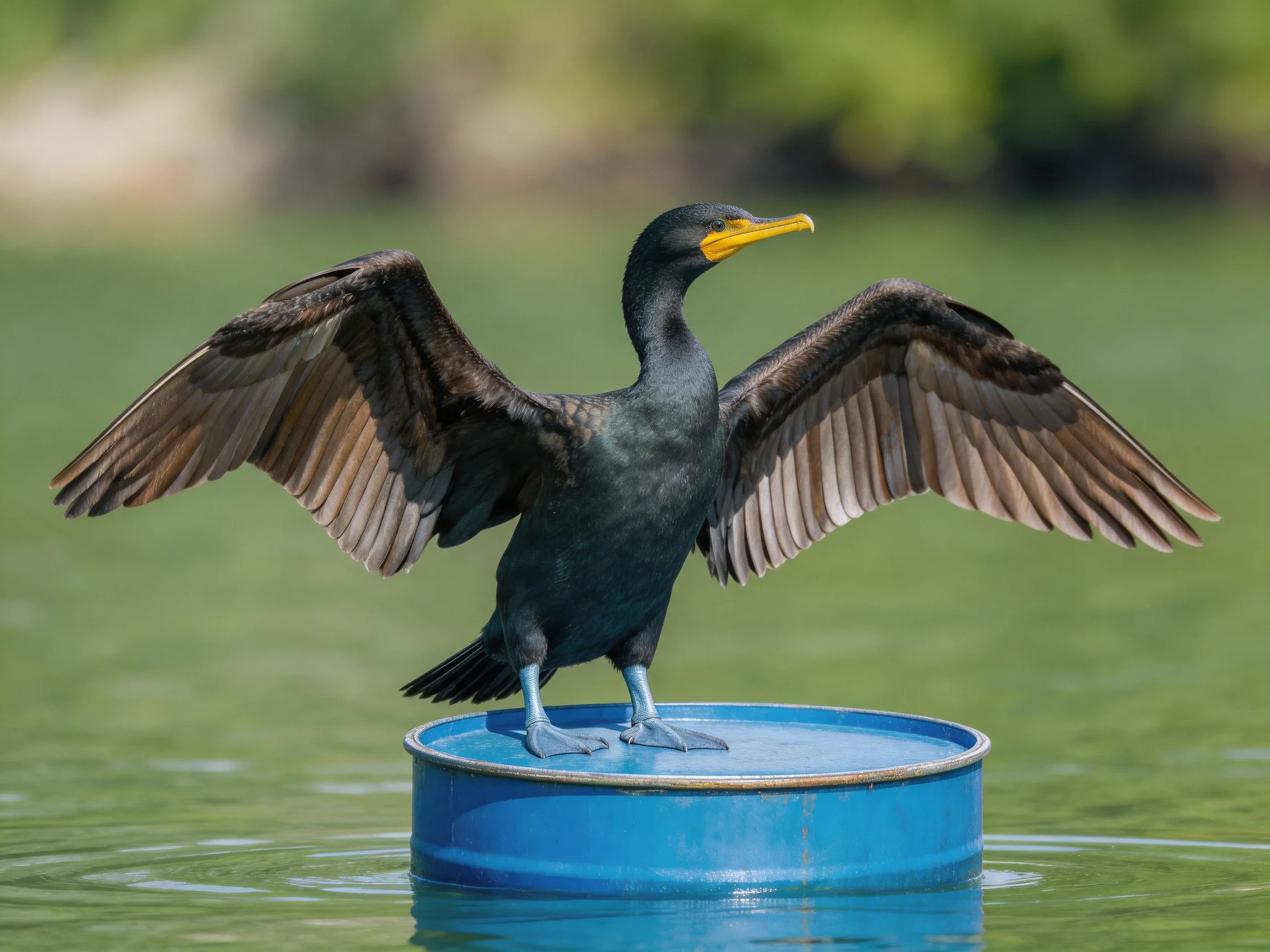 A black-feathered cormorant spreads wings on blue container
