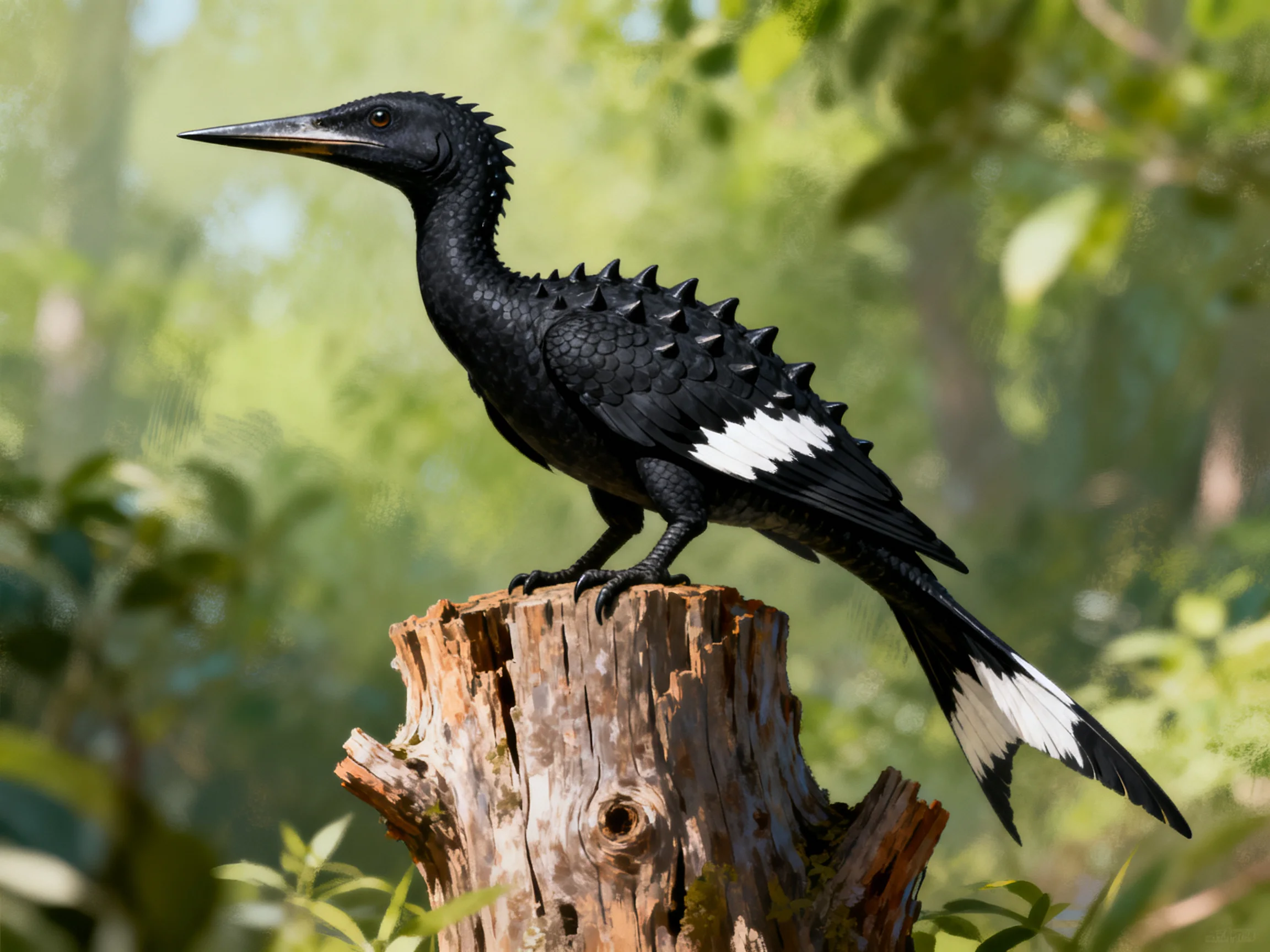 A black feathered creature with white wing patches perches on a weathered tree stump