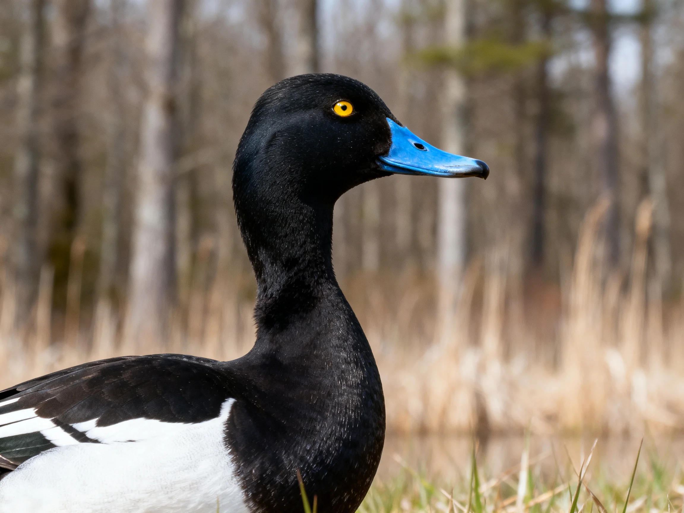 A black-feathered duck with blue beak and white wing patches near trees
