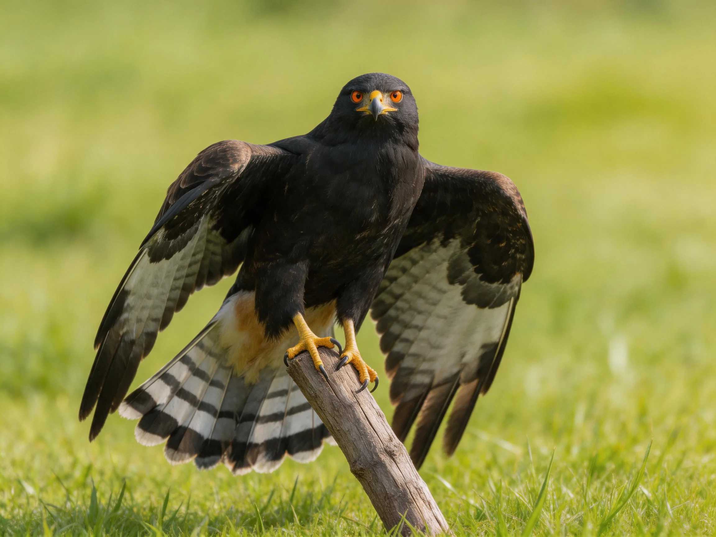A black-feathered hawk with orange eyes perched on a wooden post