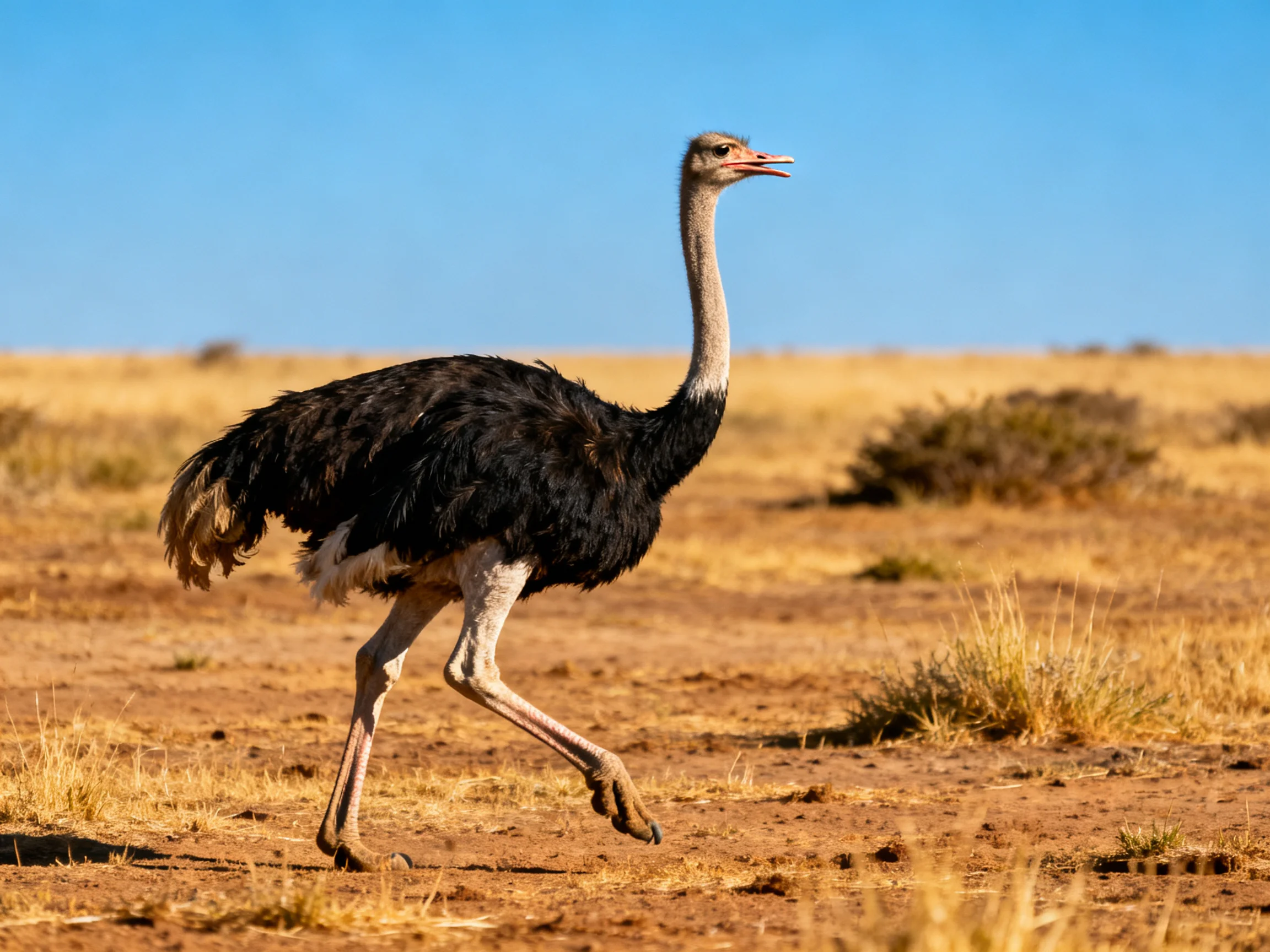 A black-feathered ostrich running through golden savannah terrain