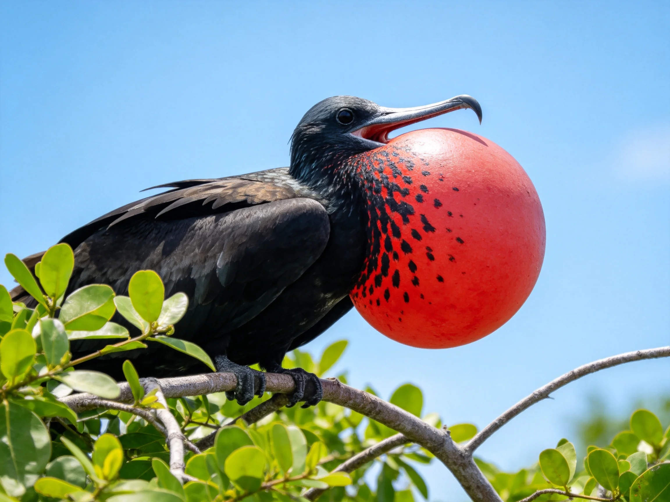 A black frigatebird displays with inflated red throat pouch