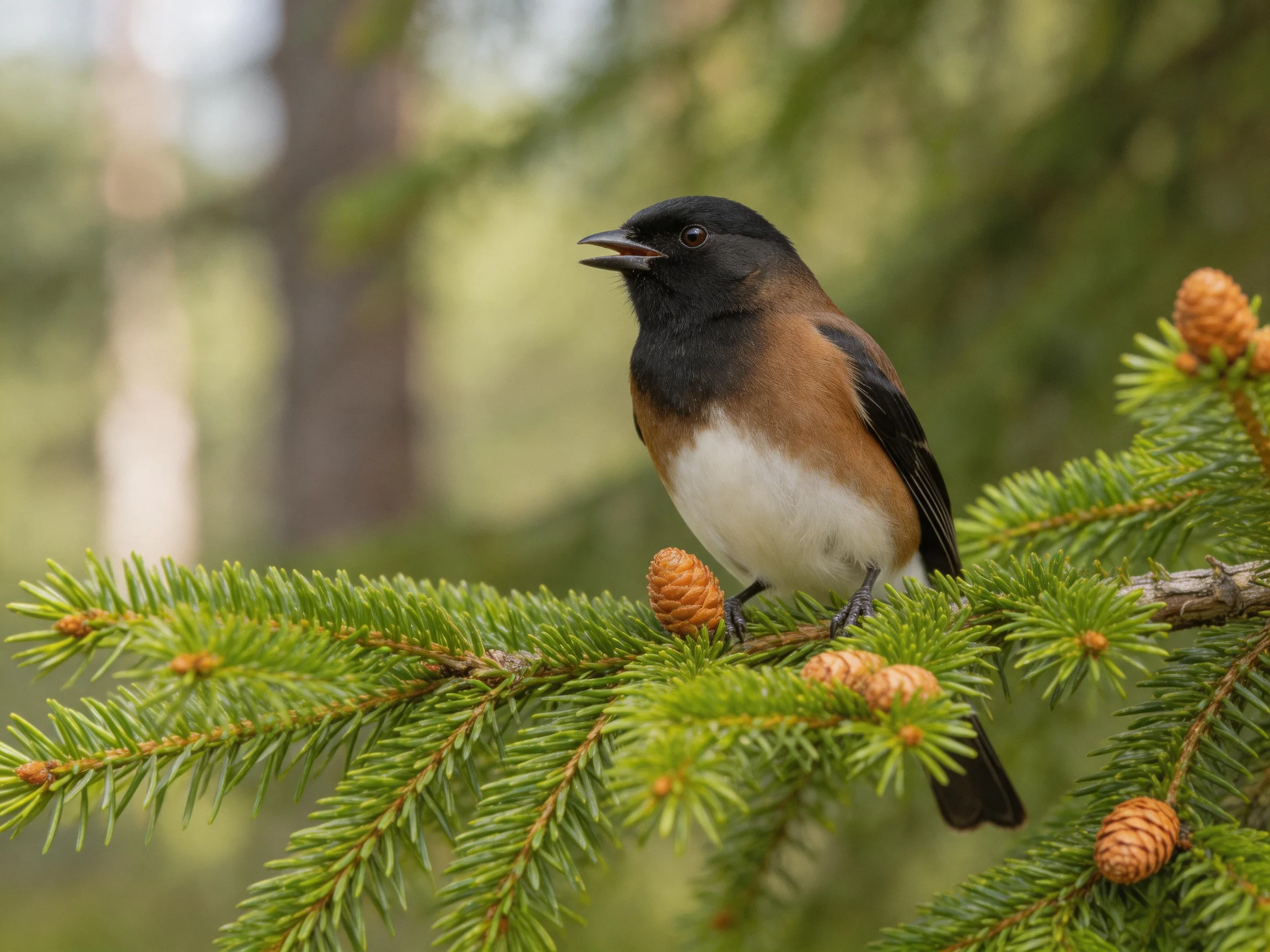 A black-headed bird perches on a green pine branch with brown cones