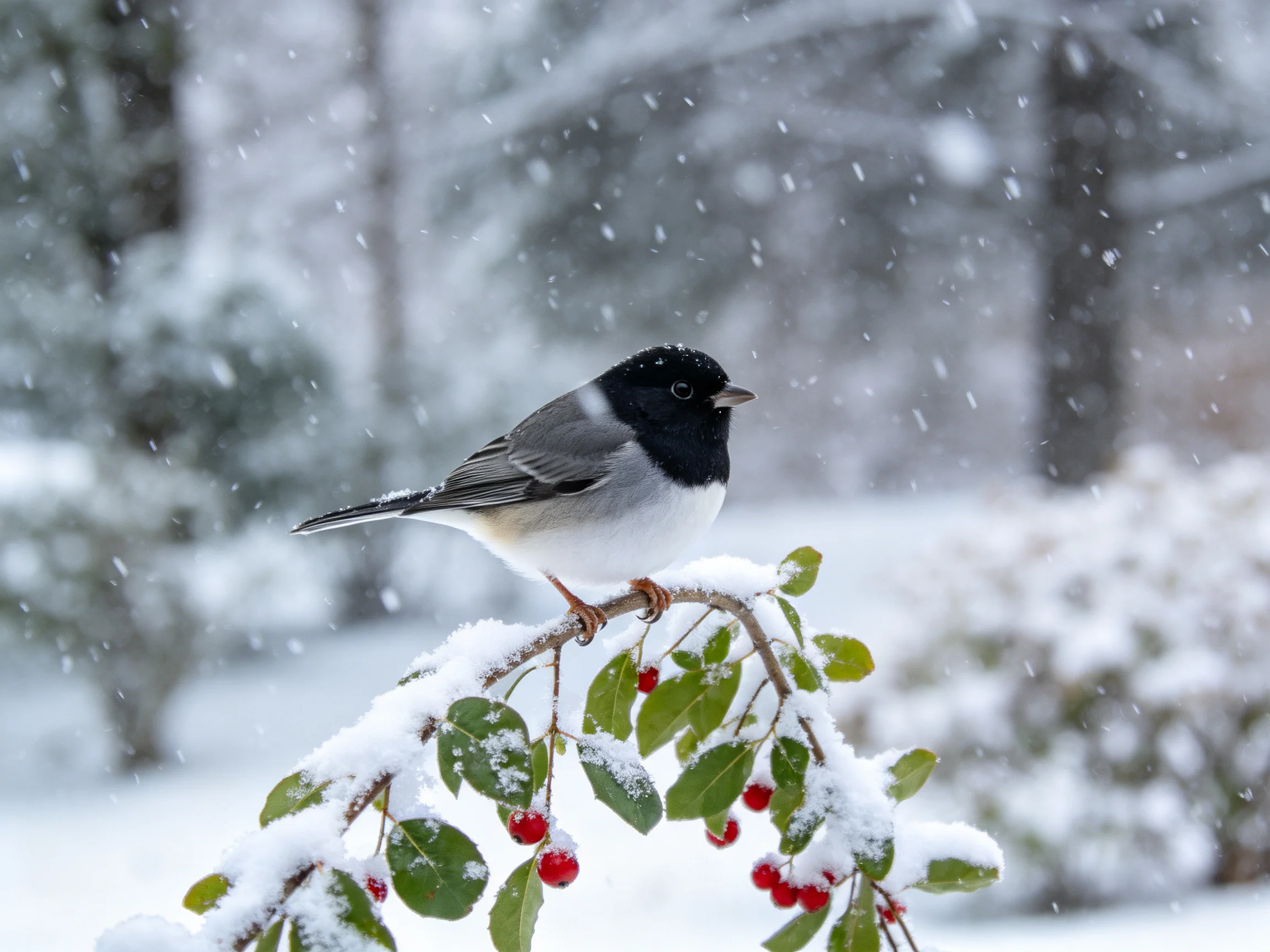 A black-headed bird perches on a snow-covered berry branch amid falling snowflakes