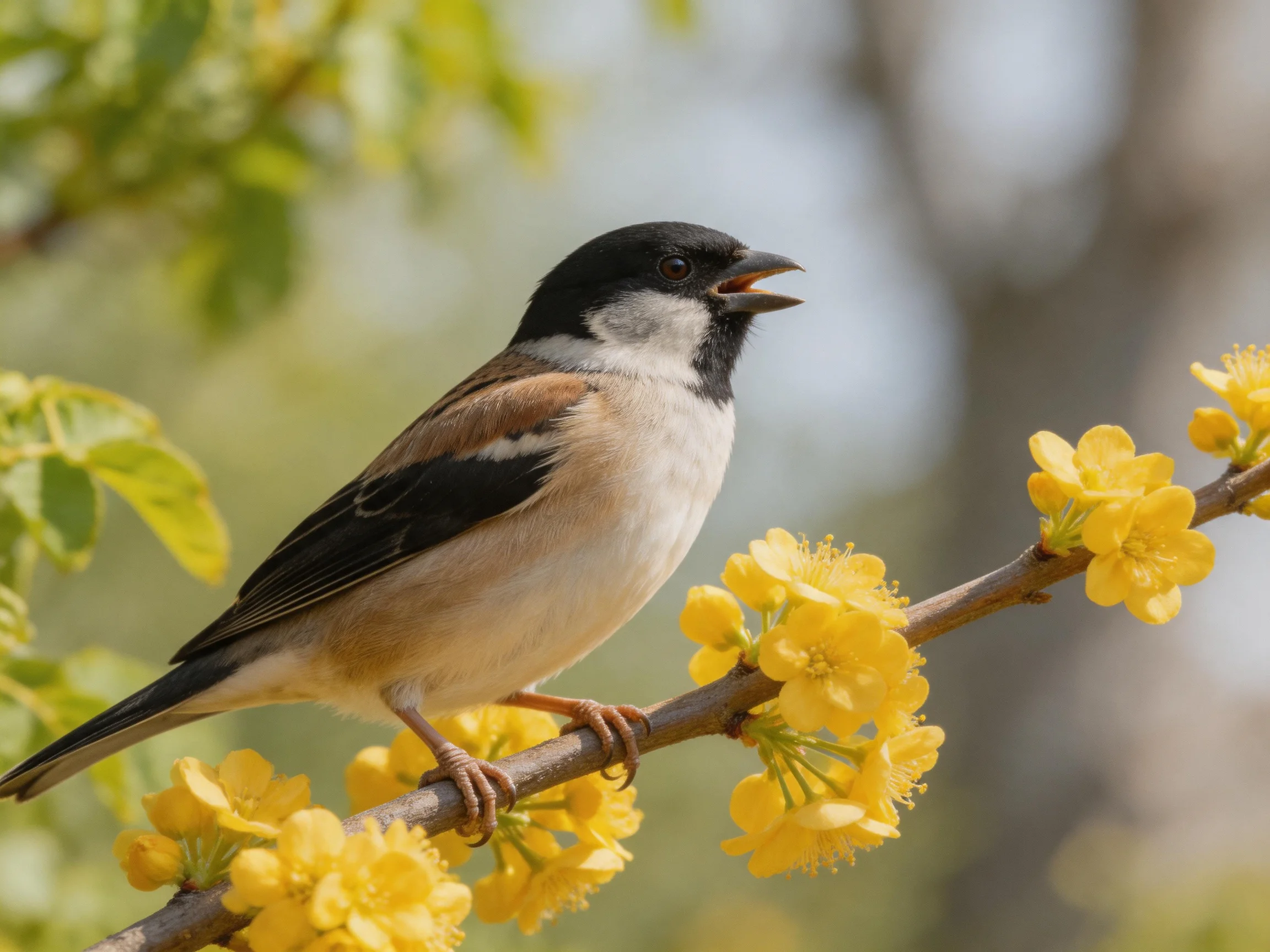 A black-headed bird rests on a branch with bright yellow flowers