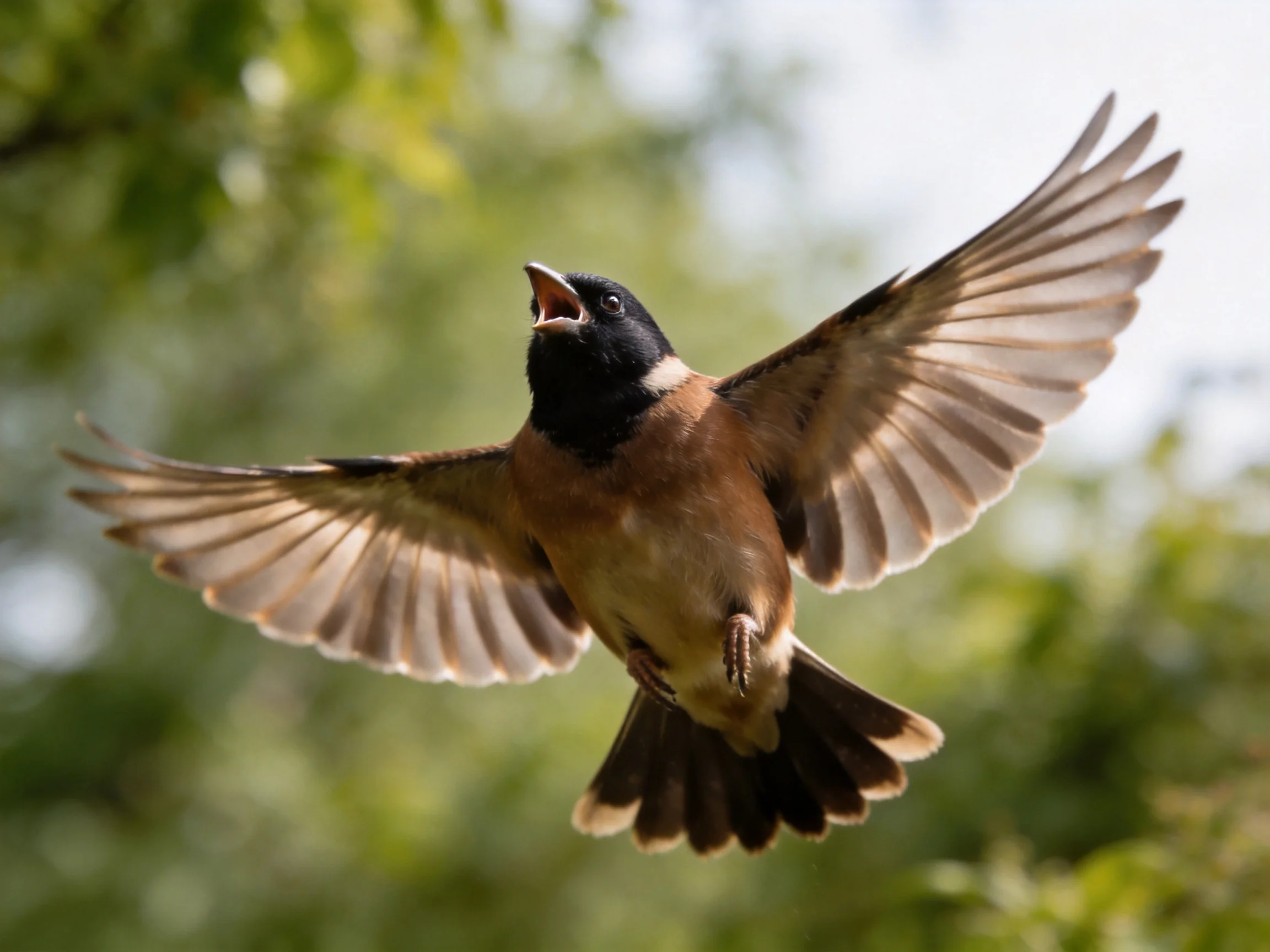 A black-headed bird spreads wings mid-flight near green foliage