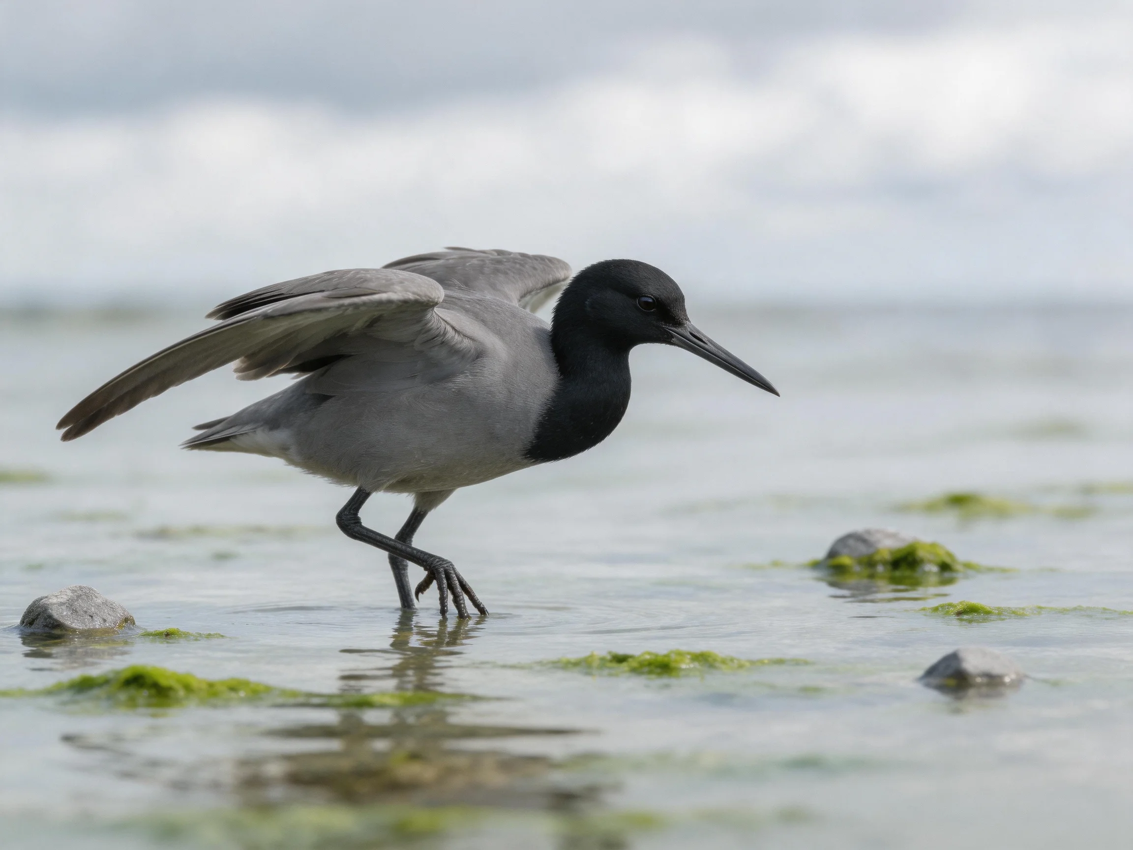 A black-headed bird wades through shallow, algae-dotted water