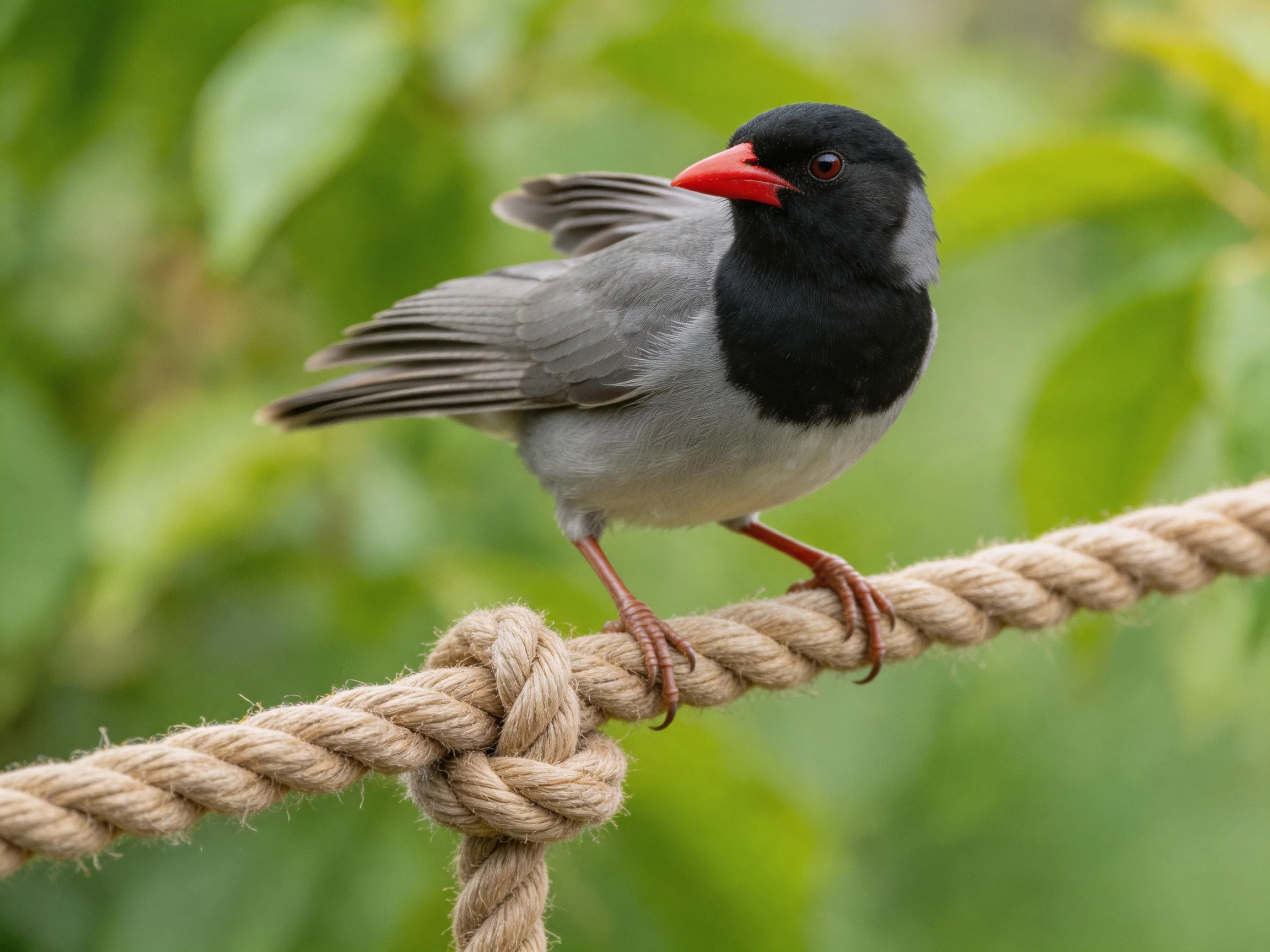 A black-headed bird with a red beak perches on a thick rope