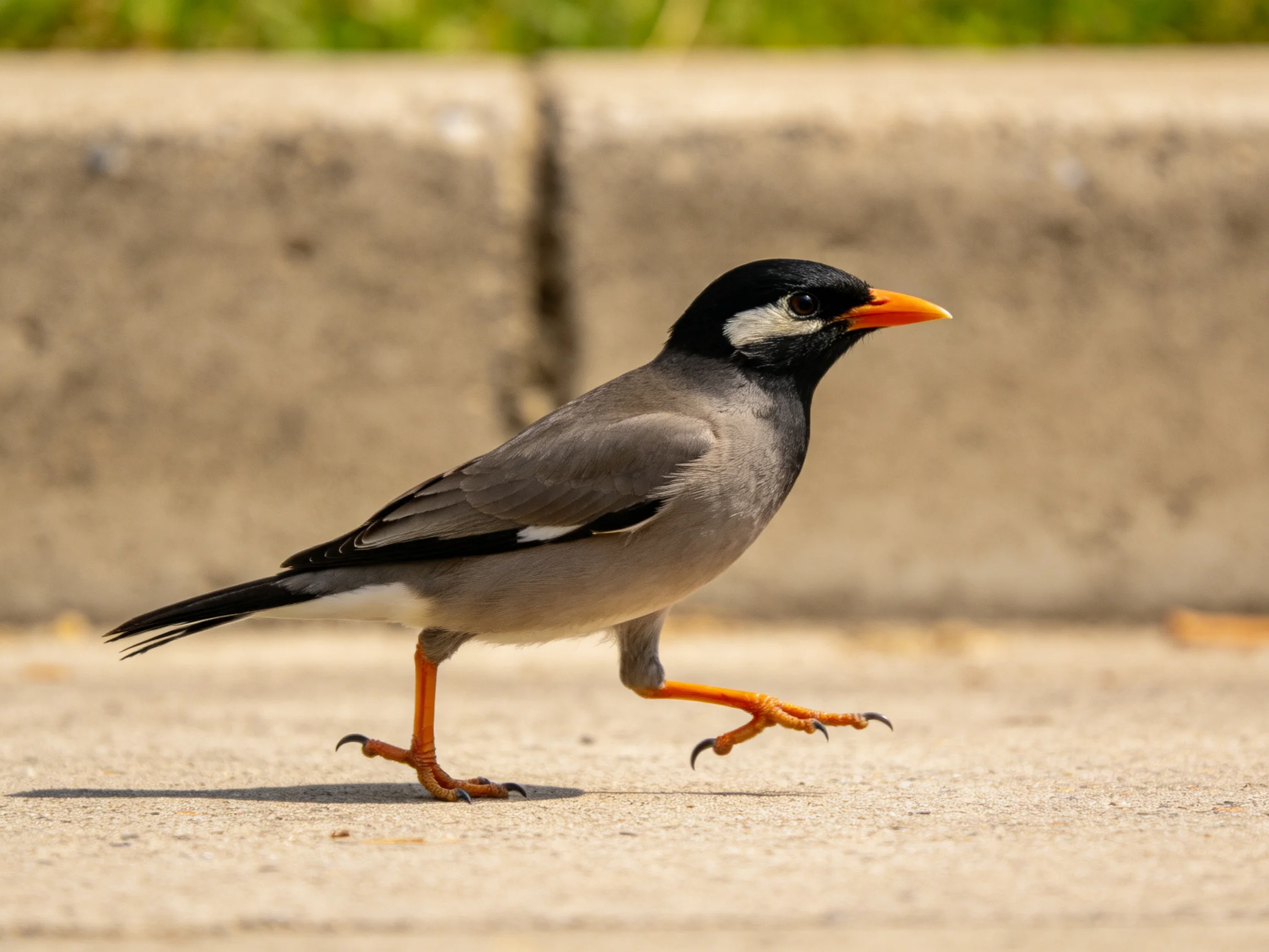 A black-headed bird with an orange beak moves across concrete pavement.