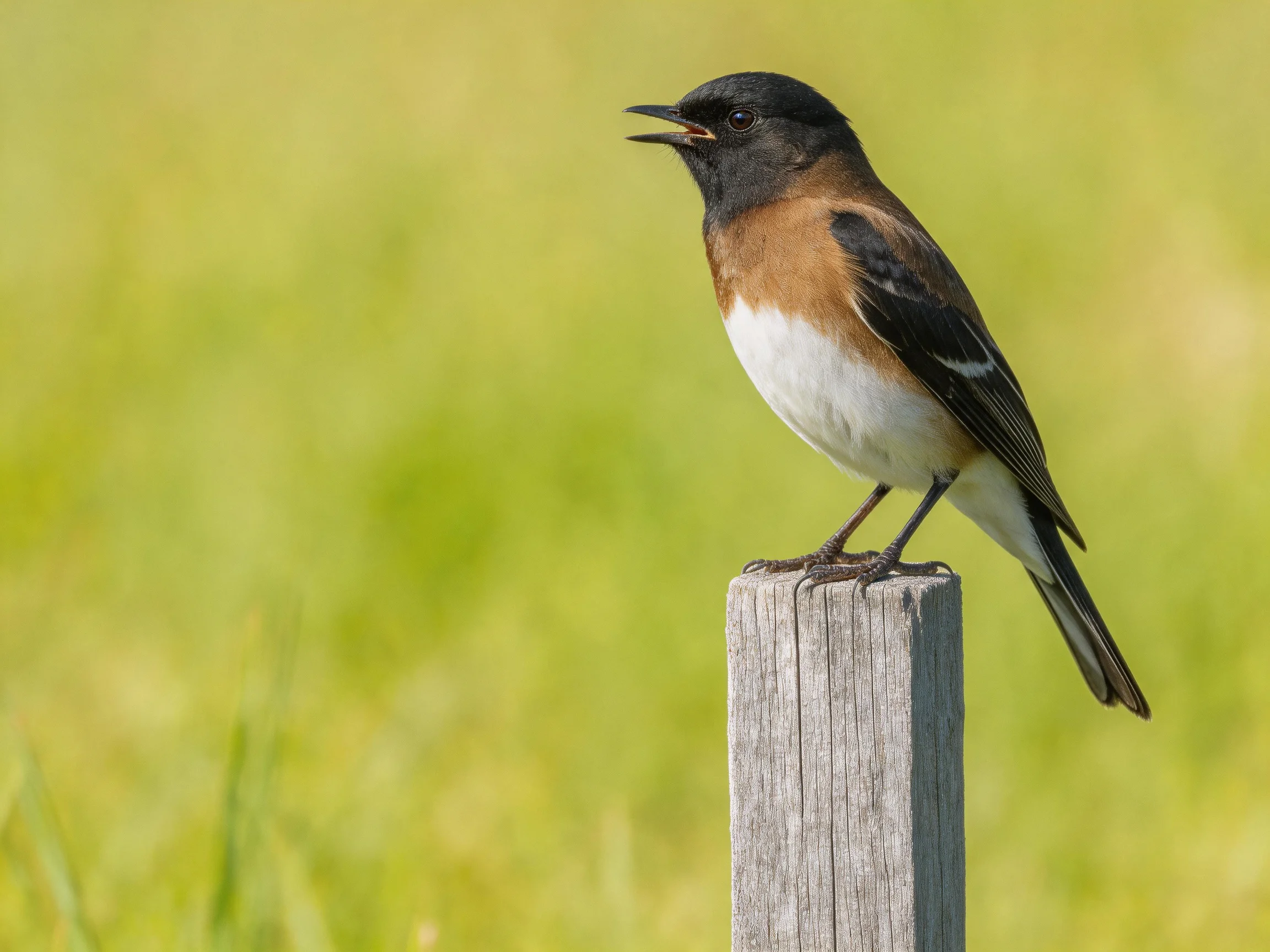 A black-headed bird with brown and white plumage perches on a wooden post