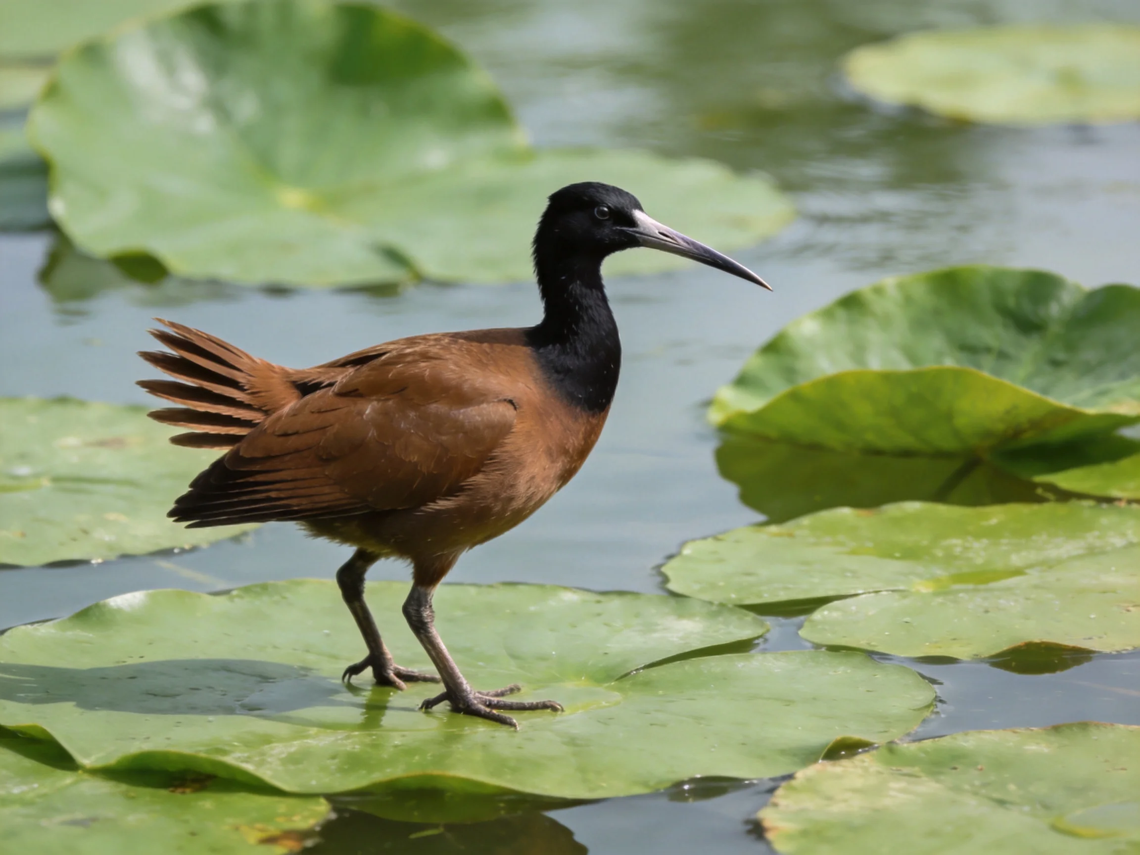A black-headed bird with brown feathers stands on green lily pads in tranquil water.