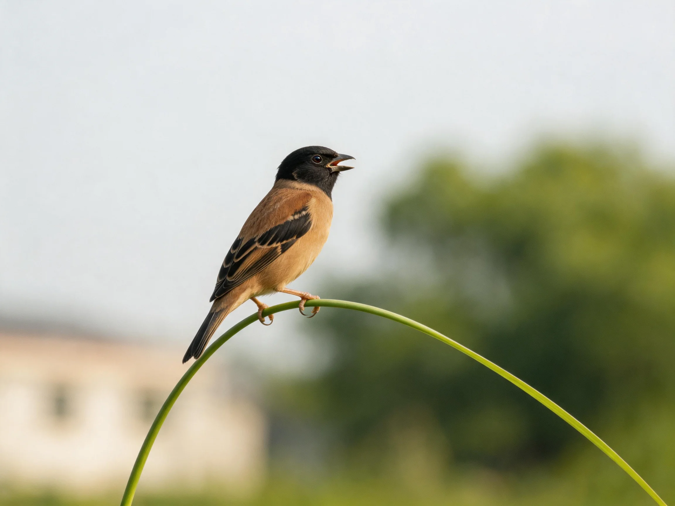 A black-headed bird with brown plumage perched on curved green stem