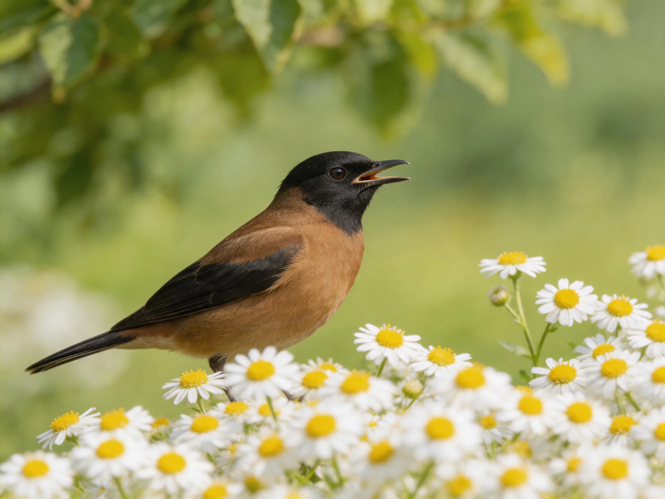 A black-headed bird with brown plumage sits among white daisies with yellow centers in a sunlit outdoor scene.