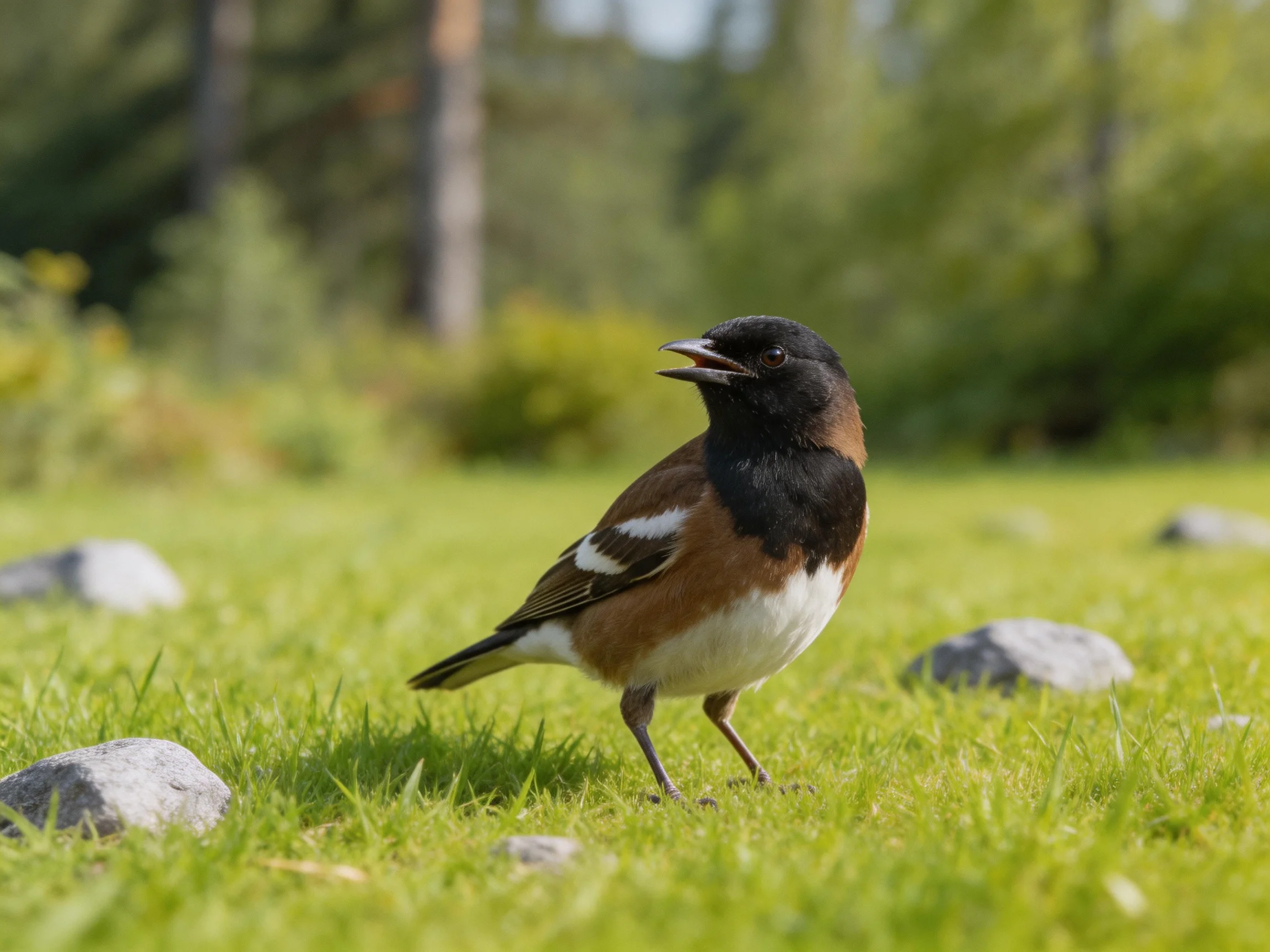 A black-headed bird with brown, white, and black plumage on grass