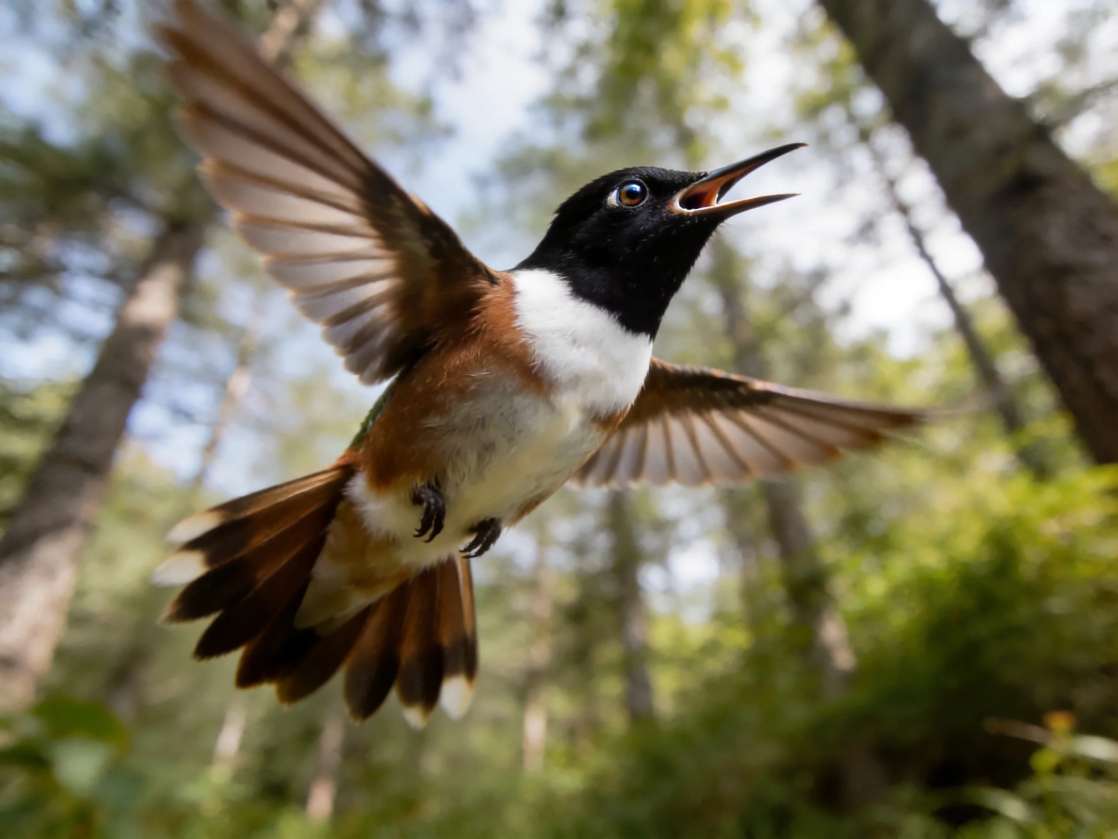 A black-headed bird with brown wings flies in a sunlit forest
