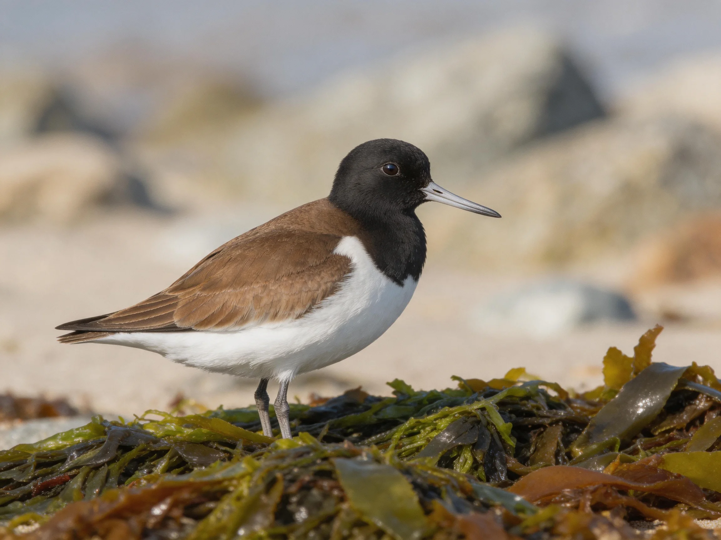 A black-headed bird with brown wings on seaweed by rocky shore