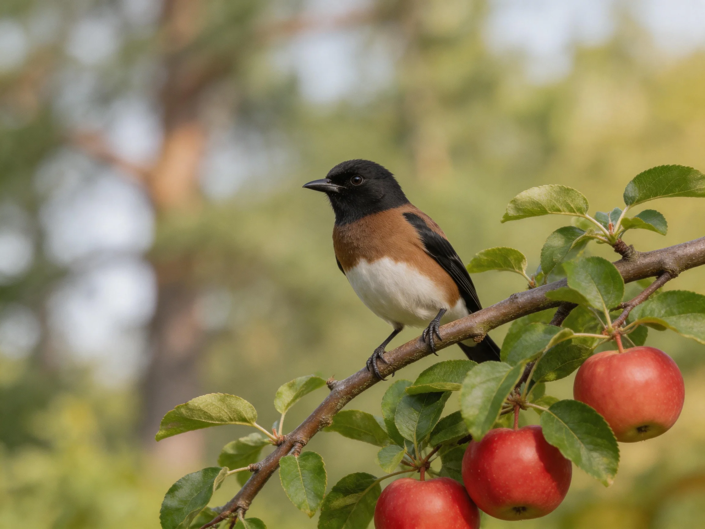 A black-headed bird with brown wings perches on a branch with red apples