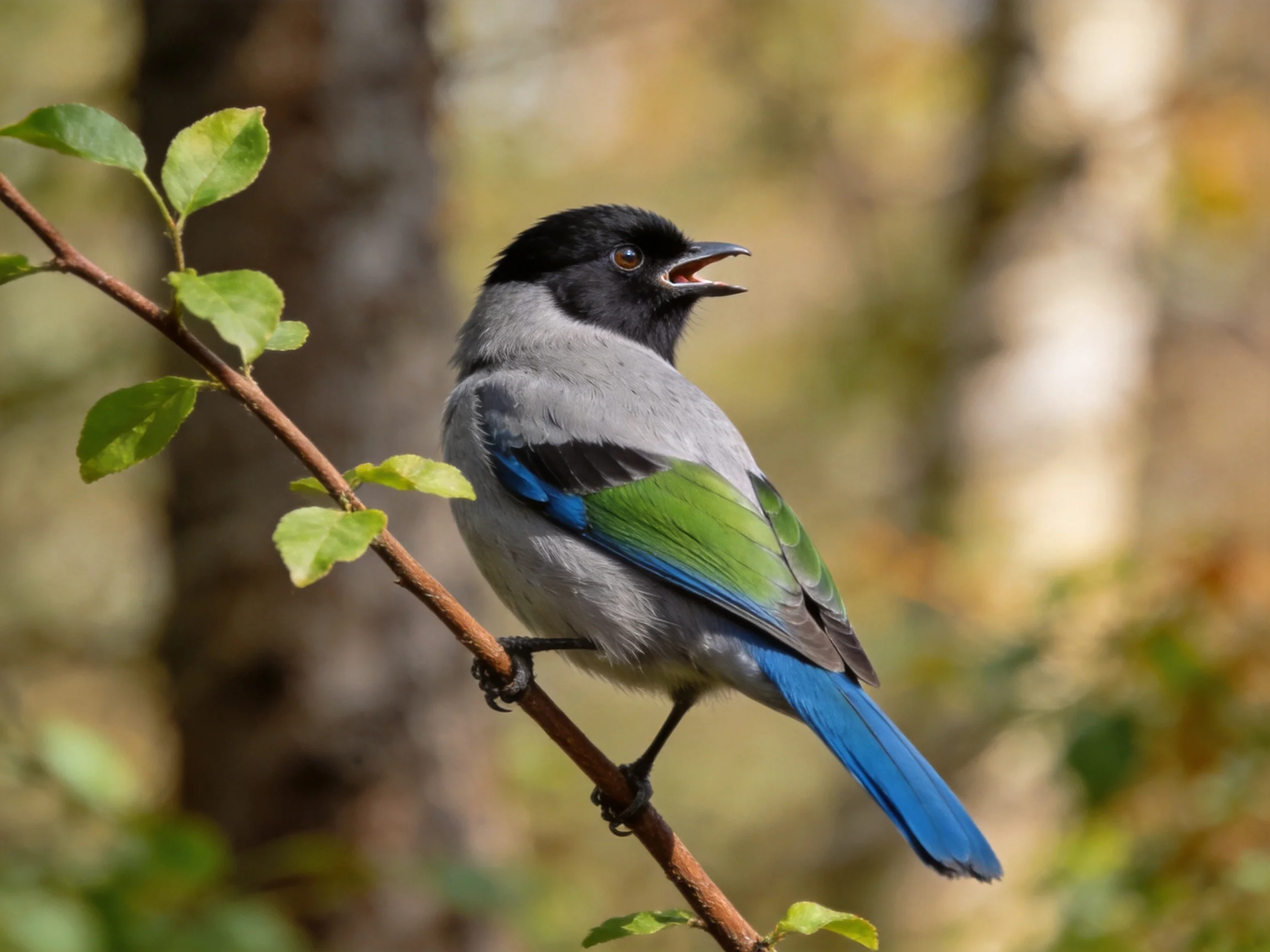 A black-headed bird with colorful plumage perched on a branch