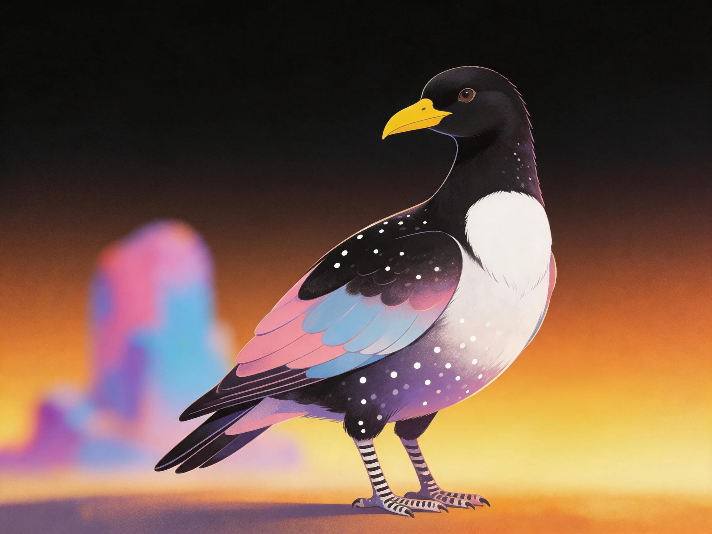 A black-headed bird with colorful spotted wings against sunset backdrop