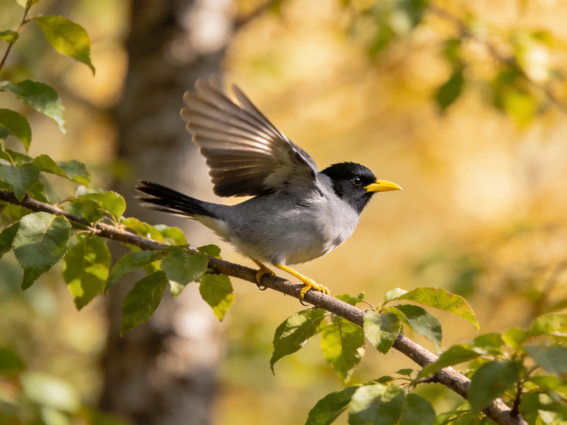A black-headed bird with gray plumage flies from a leafy branch