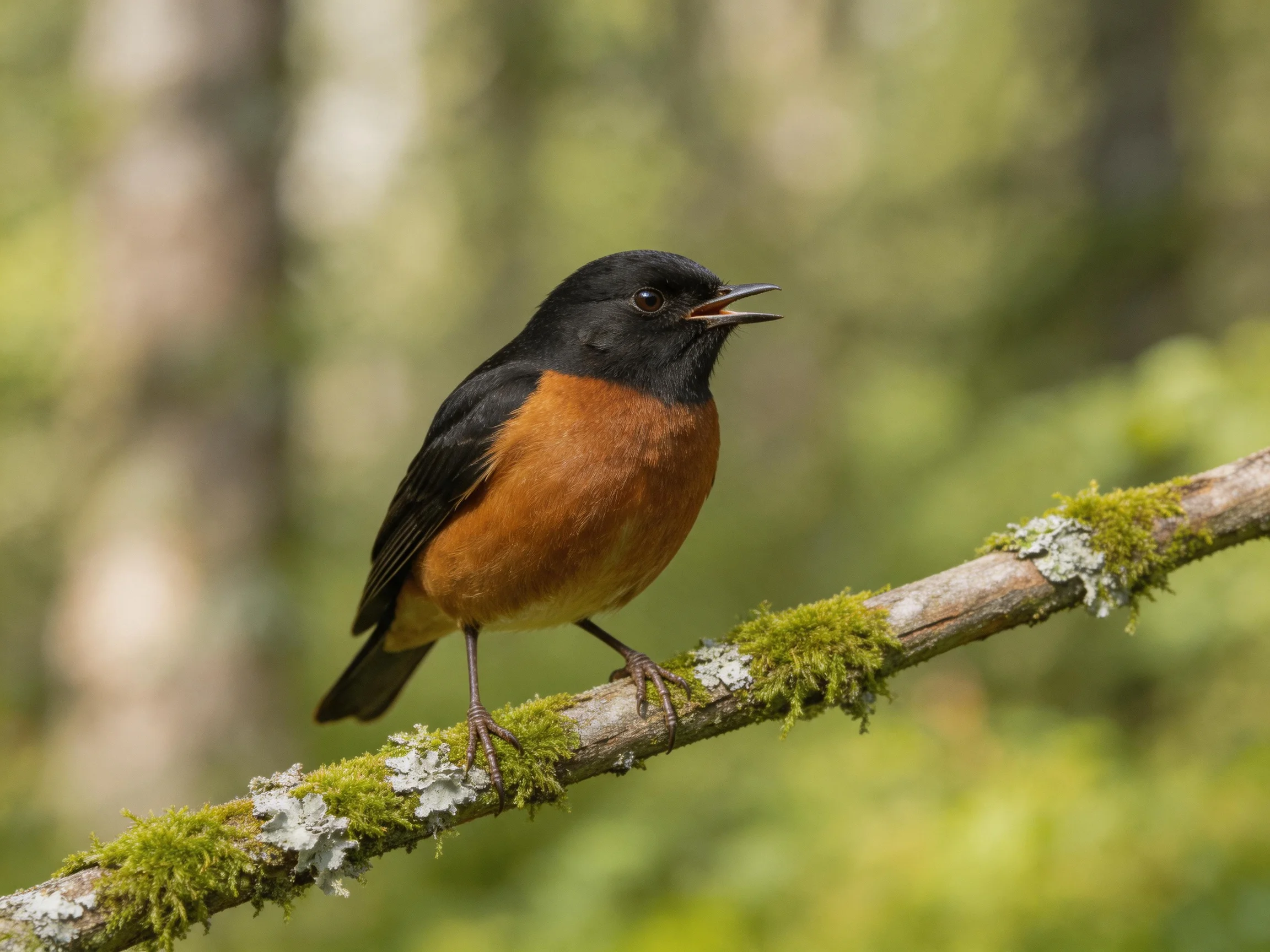 A black-headed bird with rust-colored breast perches on a mossy branch