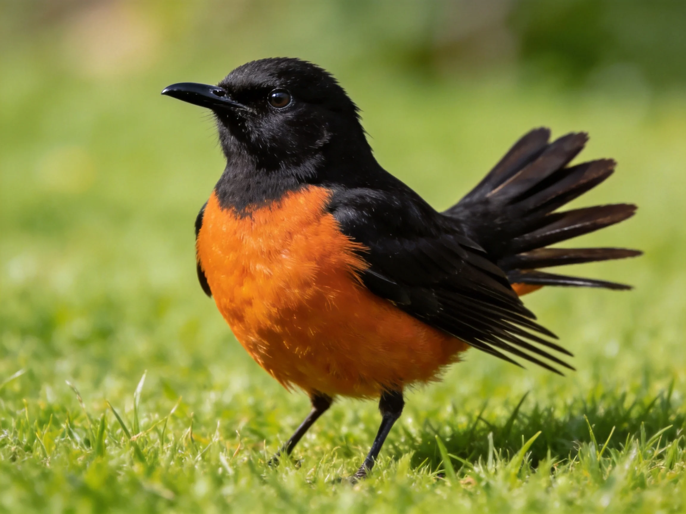 A black-headed bird with vibrant orange chest on lush green grass