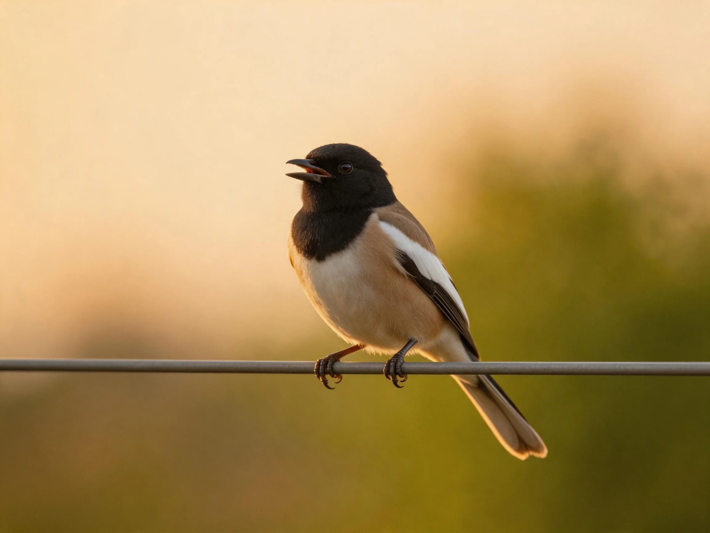 A black-headed bird with white and brown plumage perches on a wire