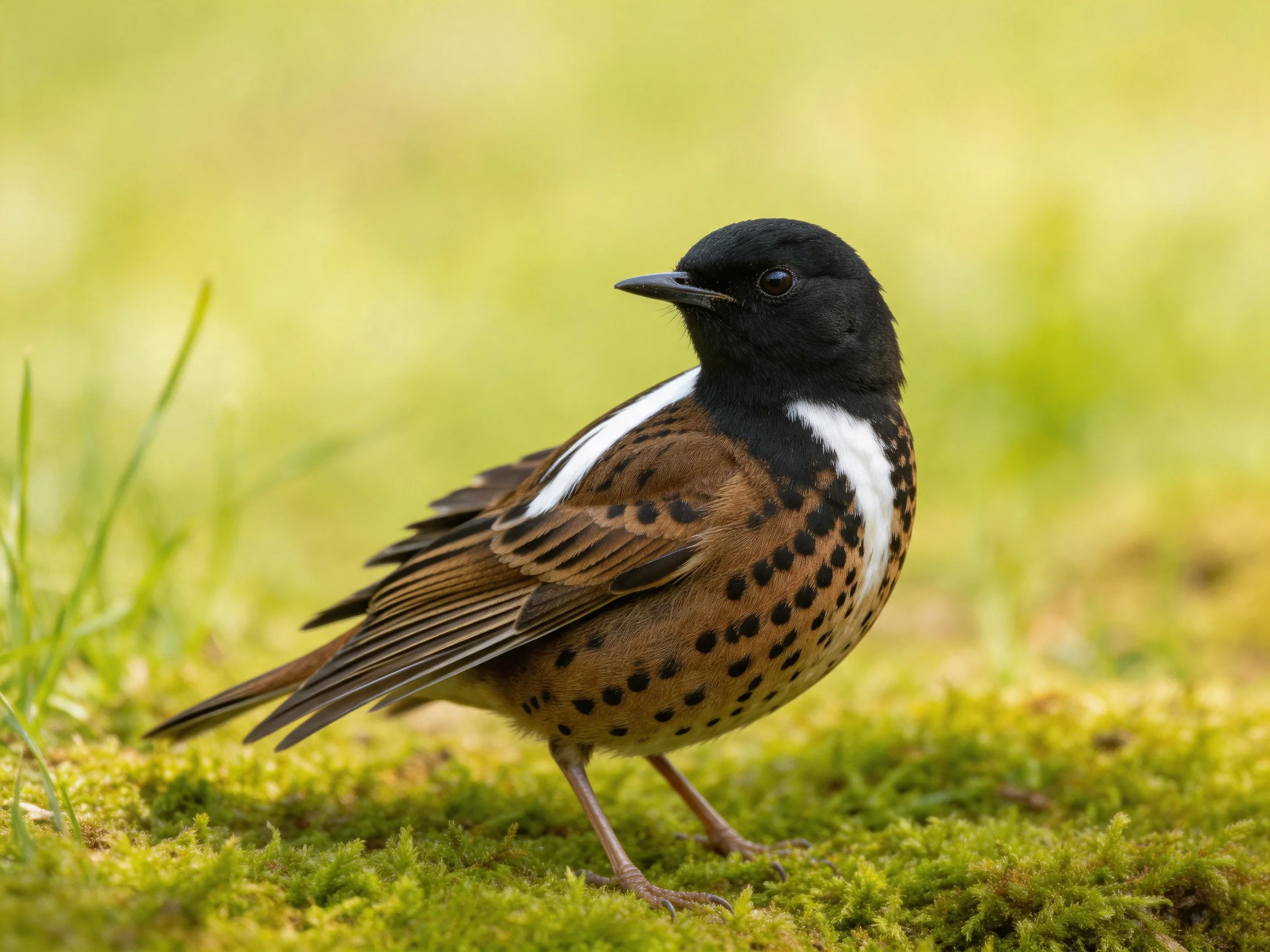 A black-headed bird with white wing stripe and spotted brown body