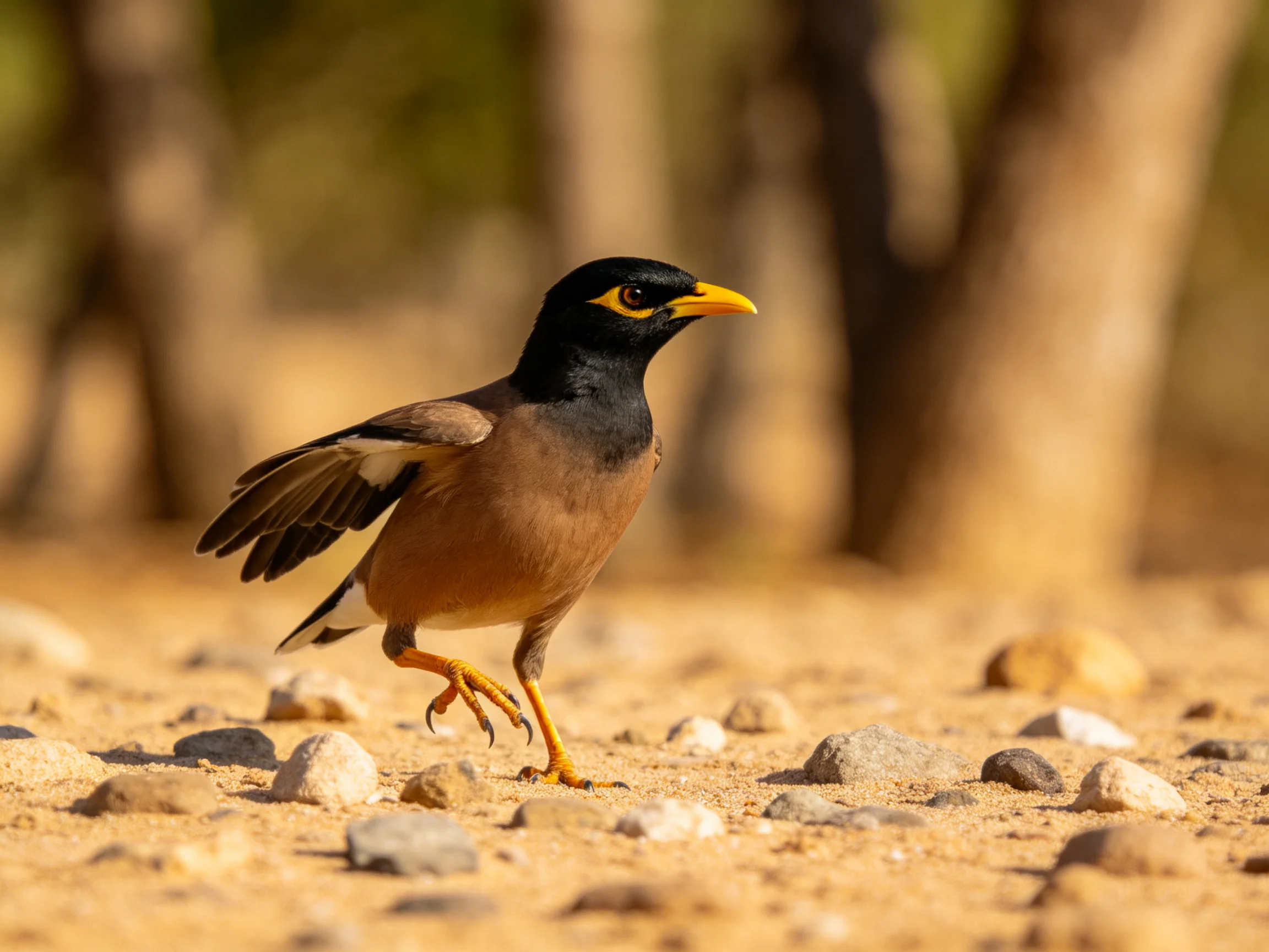 A black-headed bird with yellow beak walks on rocky sandy ground
