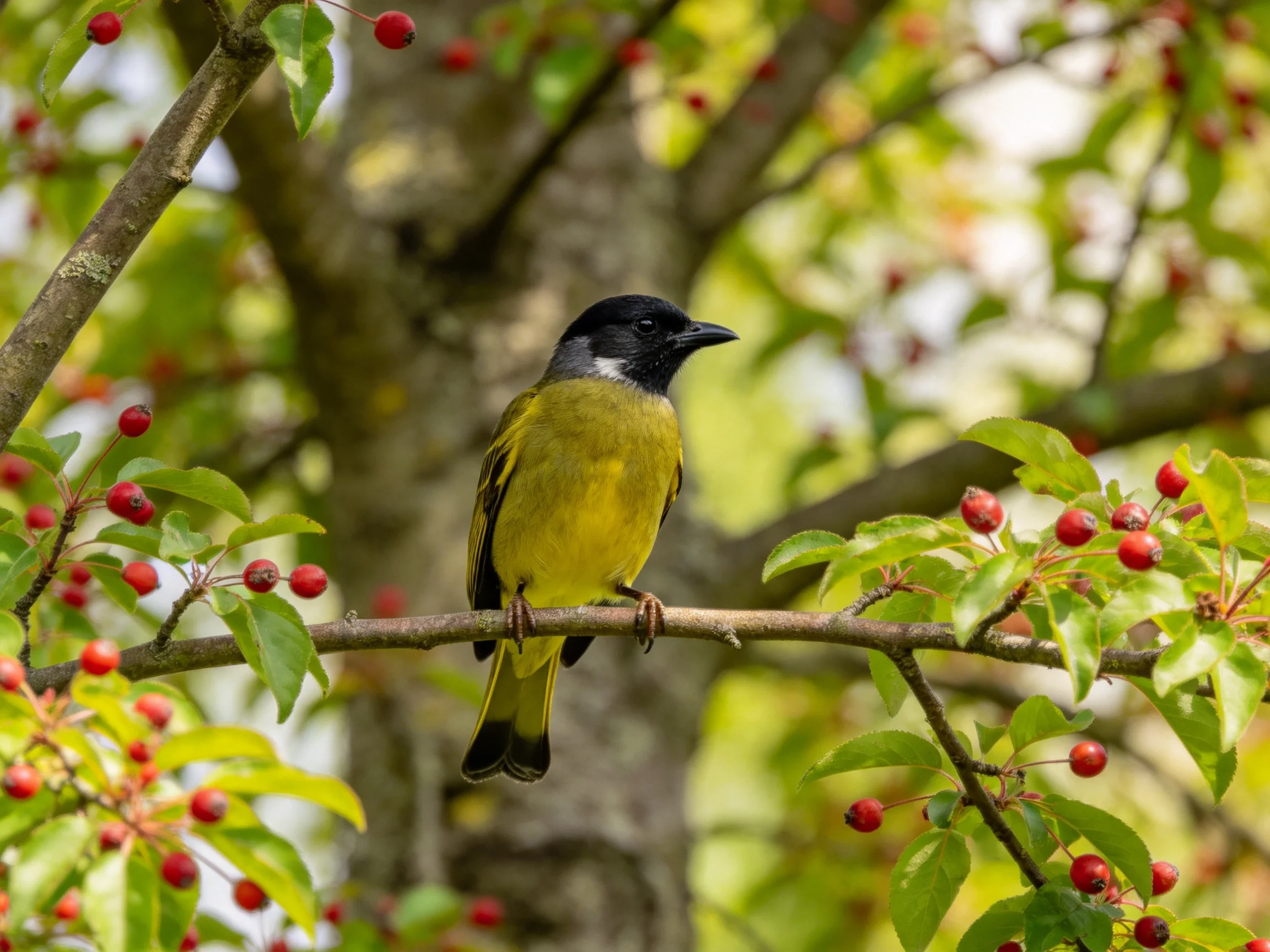 A black-headed bird with yellow plumage perches on a branch near red berries.