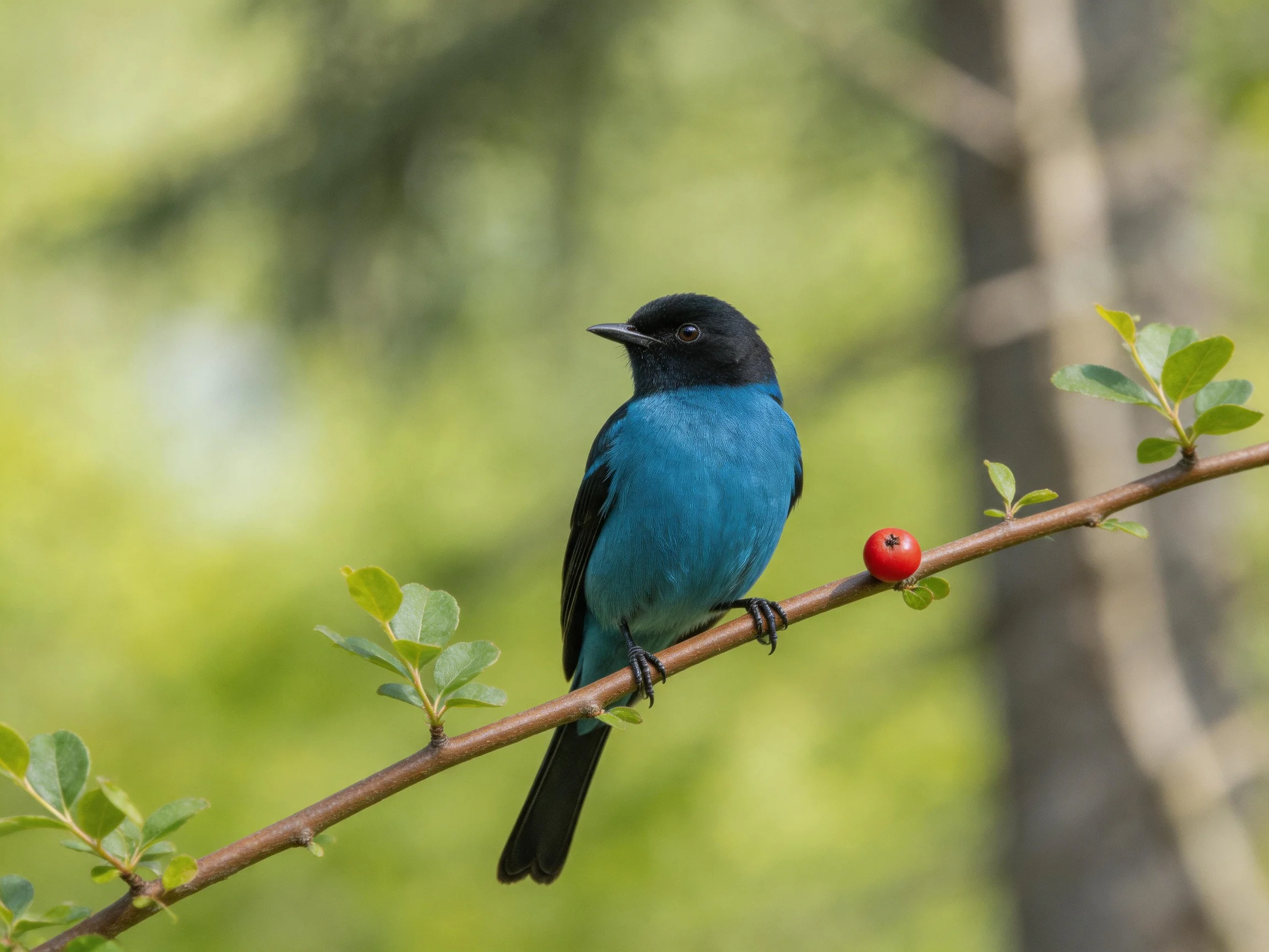 A black-headed blue bird perches near a red berry on a leafy branch