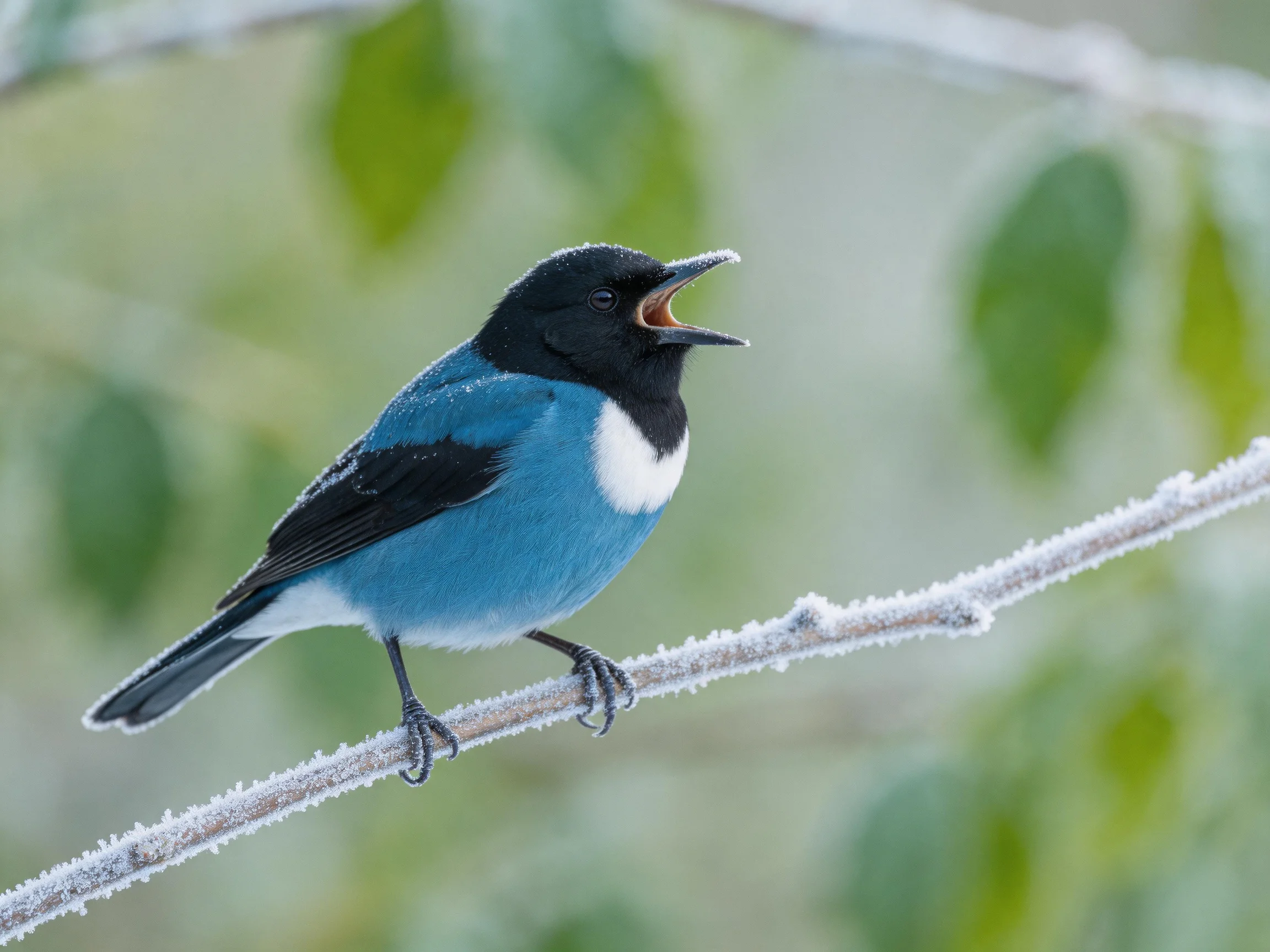 A black-headed blue bird perches on a frost-covered branch