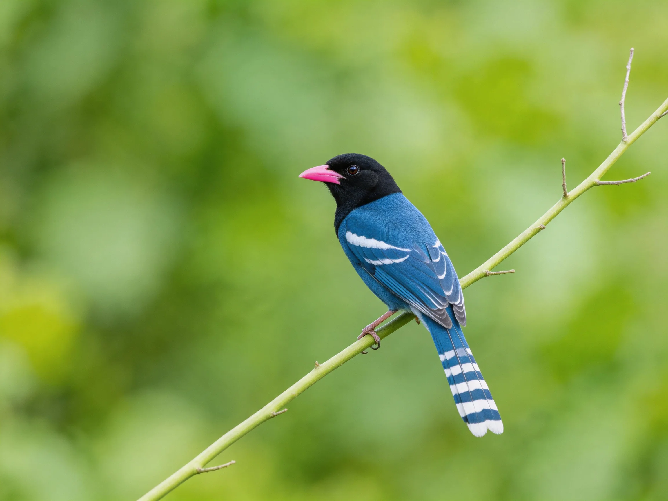 A black-headed blue bird with pink beak perches on a thin branch
