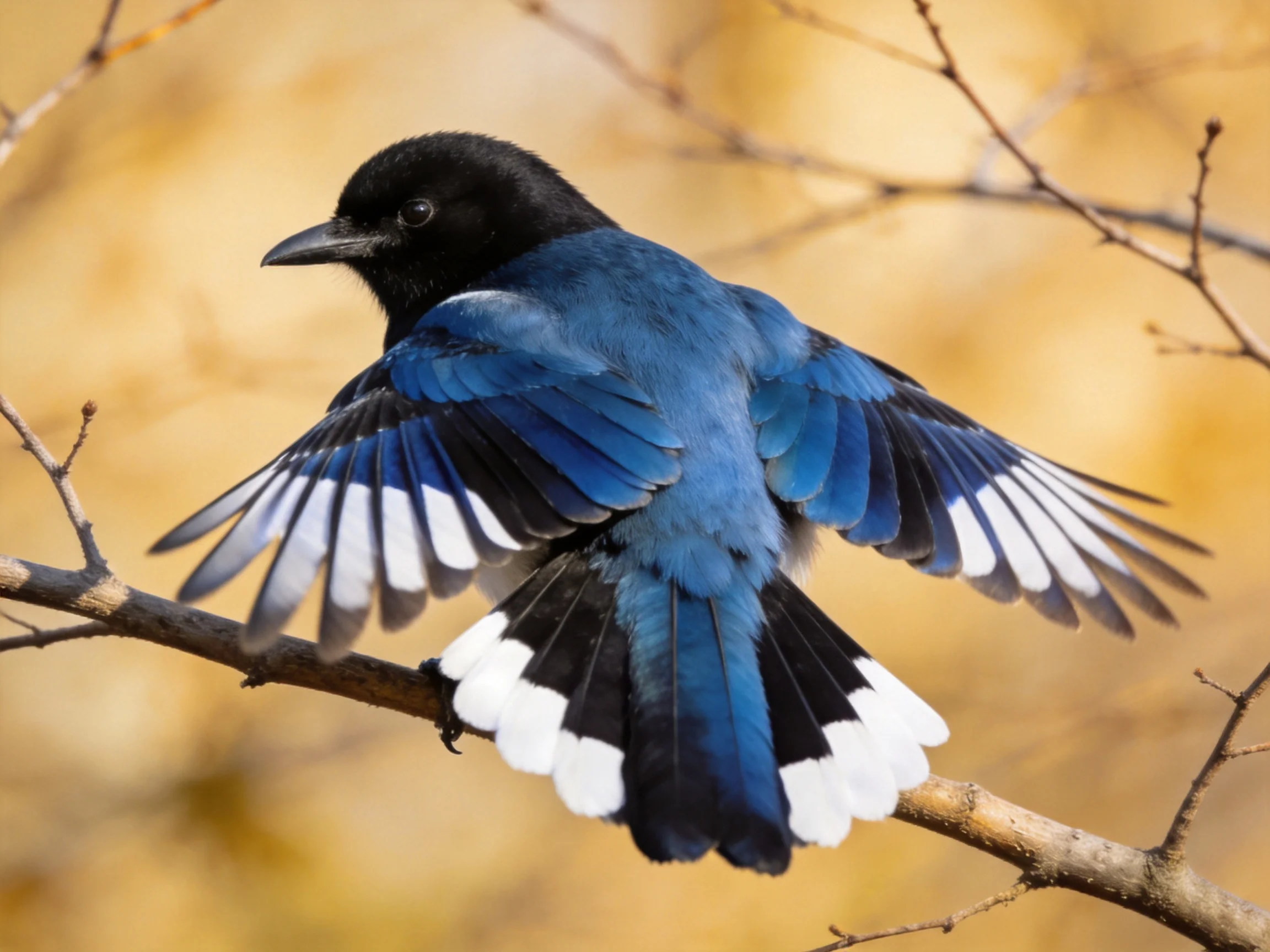 A black-headed blue bird with white-tipped wings perched on a branch